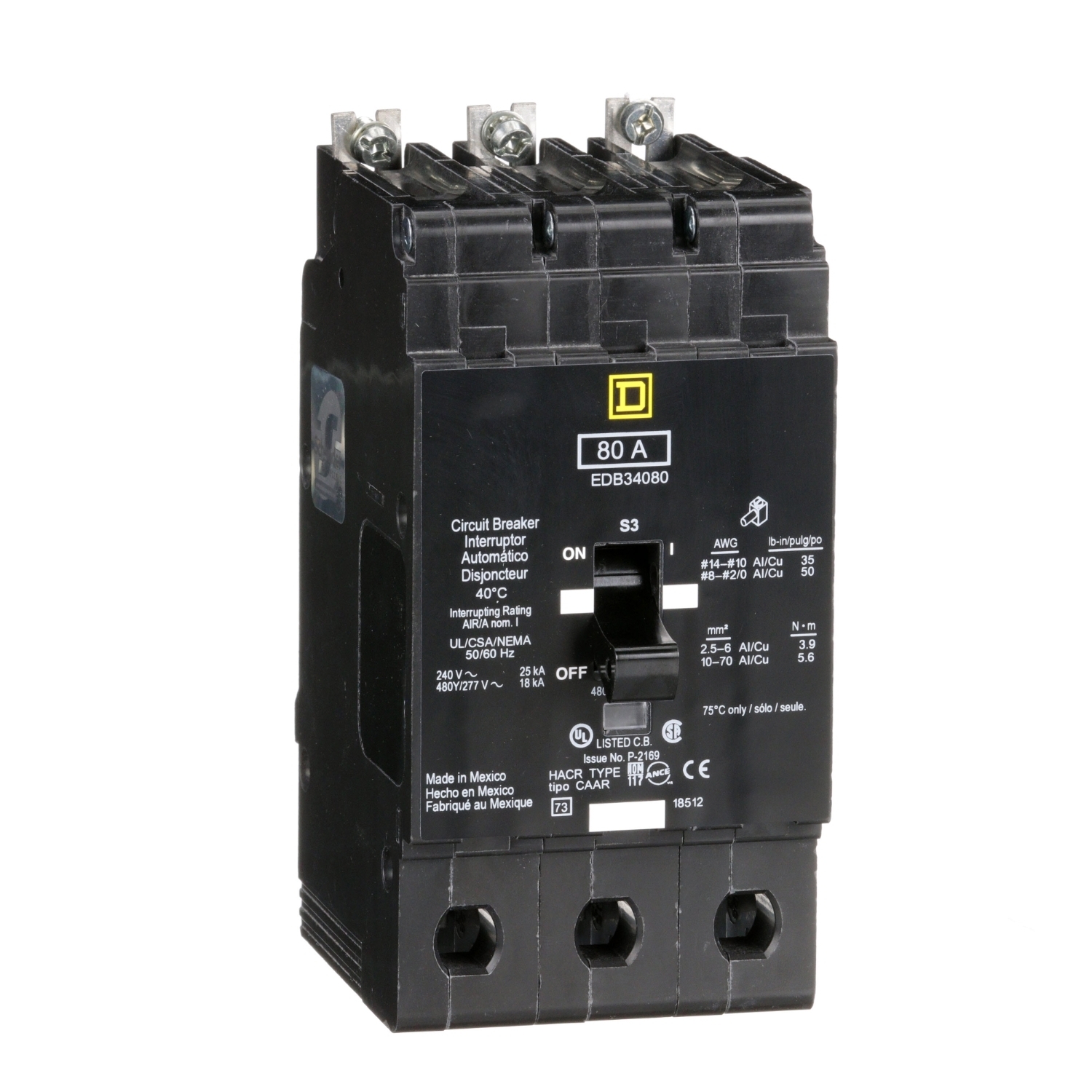 Mini circuit breaker, E-Frame, 80A, 3 pole, 480Y/277VAC, 25kA max, bolt on [TAA]