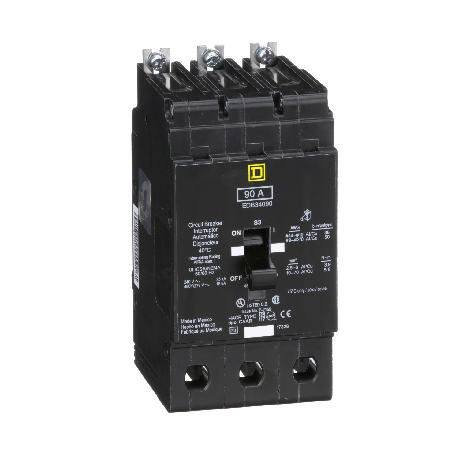 Mini circuit breaker, E-Frame, 90A, 3 pole, 480Y/277VAC, 25kA max, bolt on [TAA]