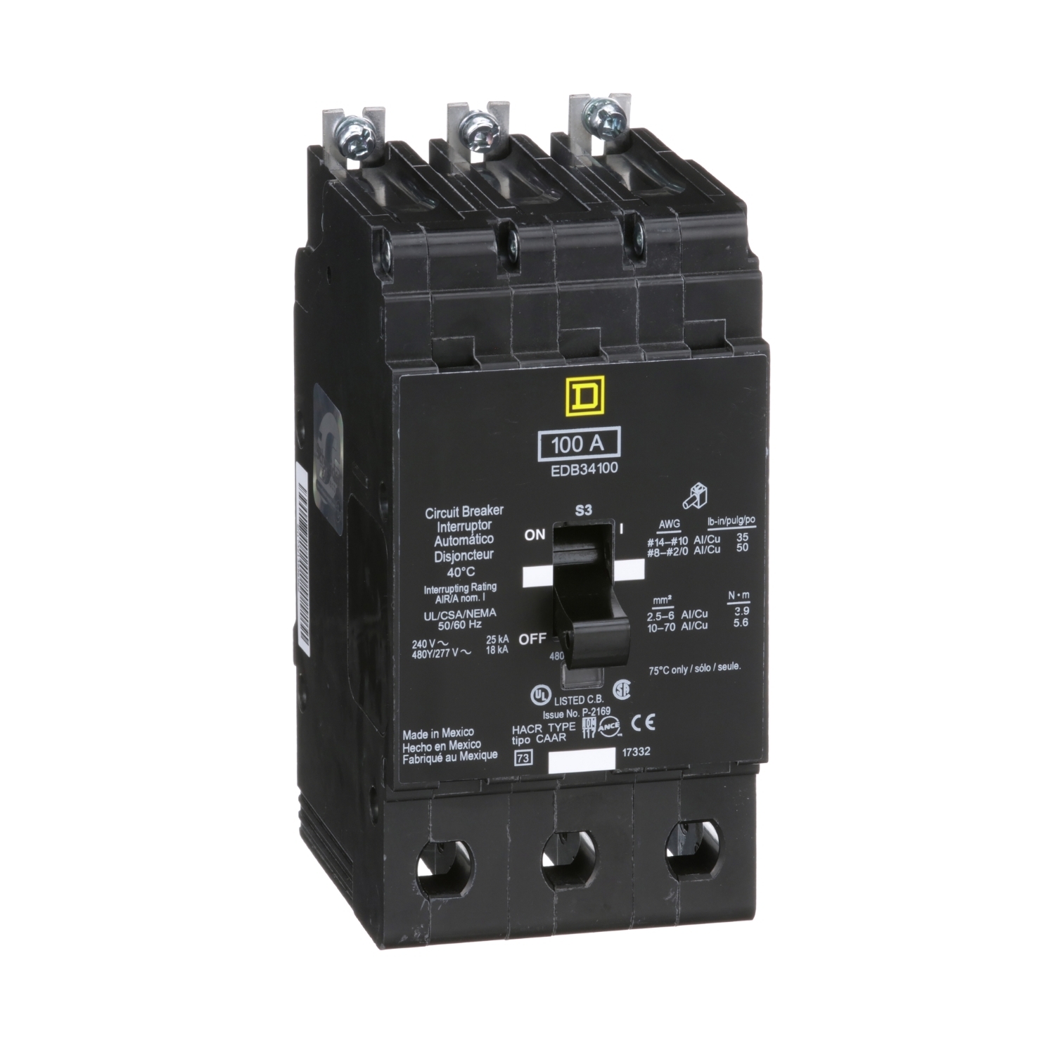 Mini circuit breaker, E-Frame, 100A, 3 pole, 480Y/277VAC, 25kA max, bolt on [TAA]