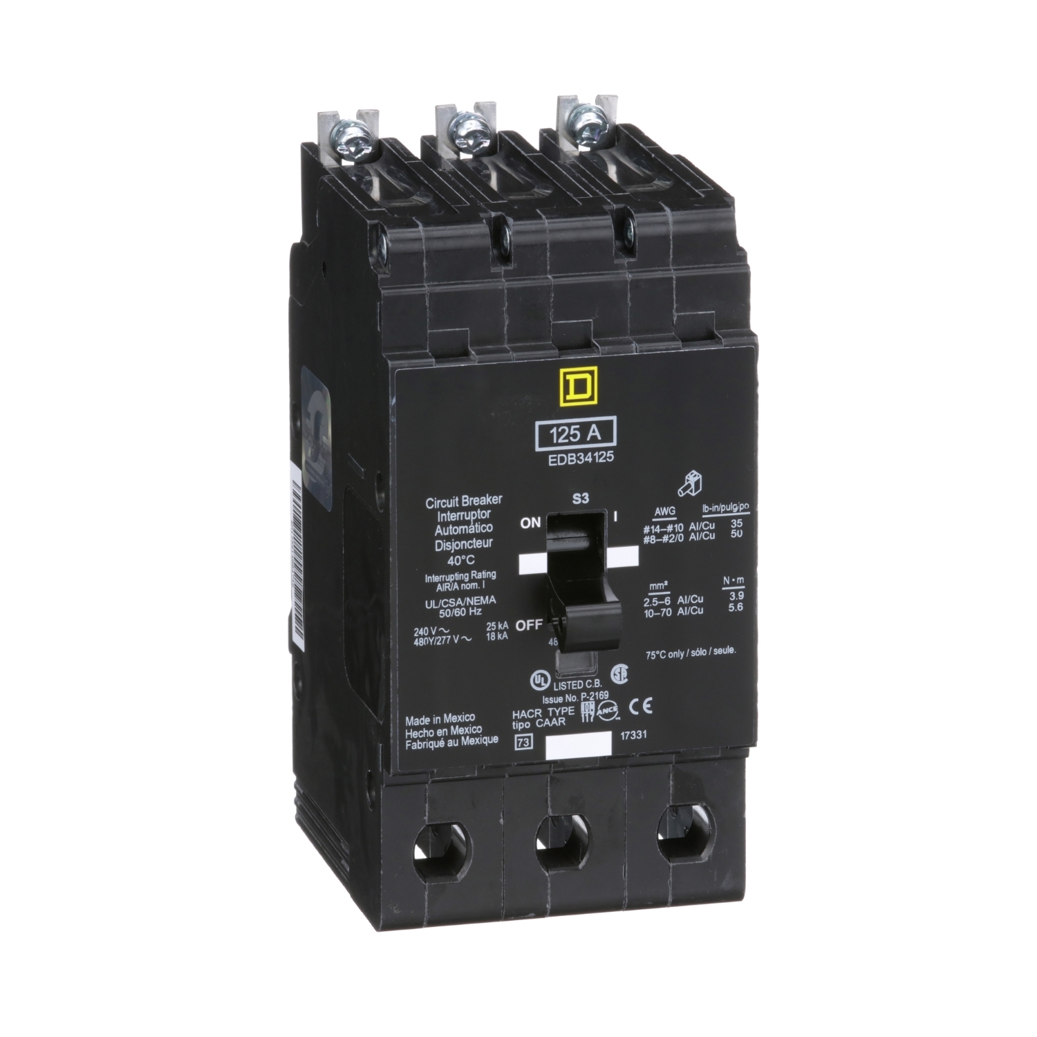 Mini circuit breaker, E-Frame, 125A, 3 pole, 480Y/277VAC, 25kA max, bolt on [TAA]