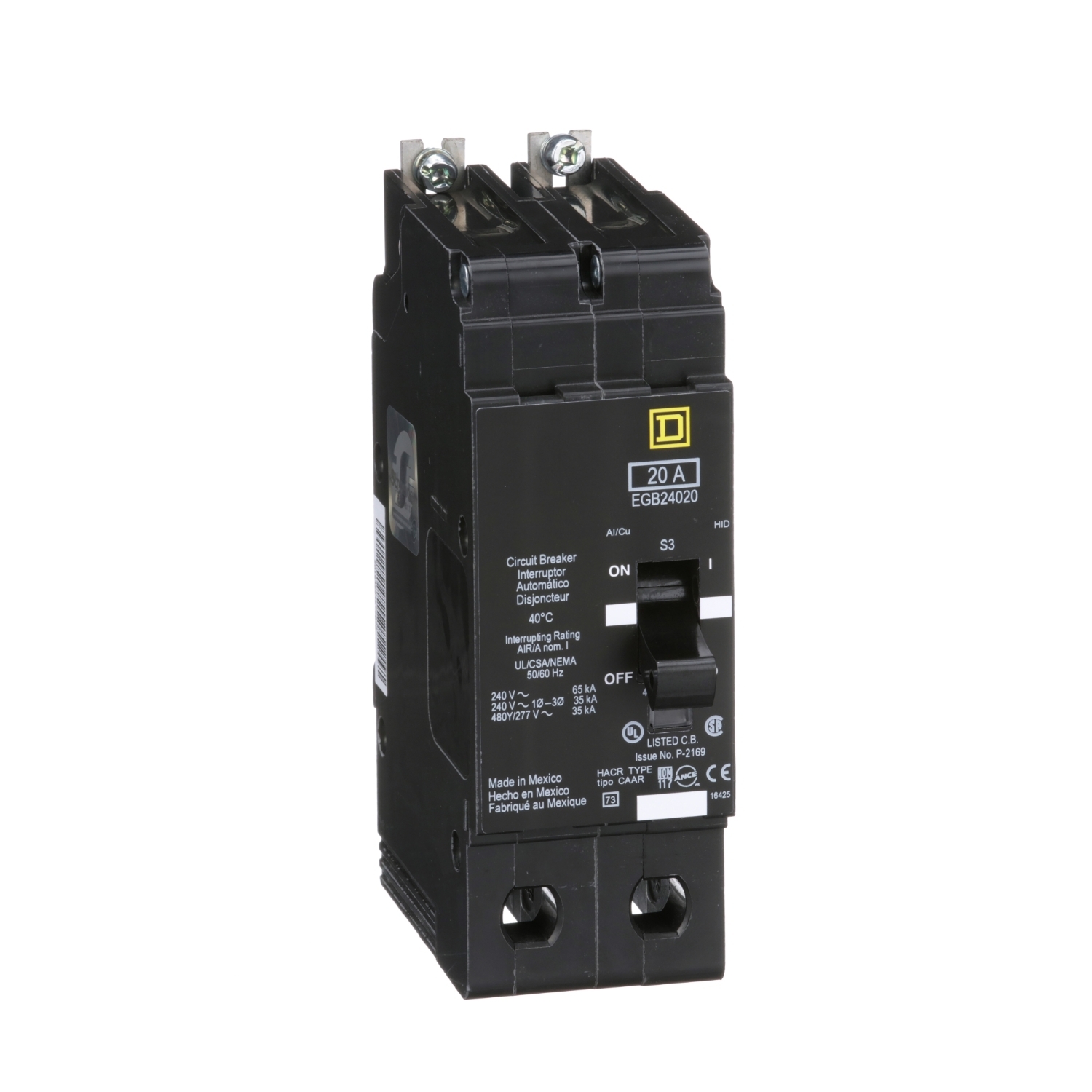 Mini circuit breaker, E-Frame, 20A, 2 pole, 480Y/277VAC, 65kA max, bolt on [TAA]