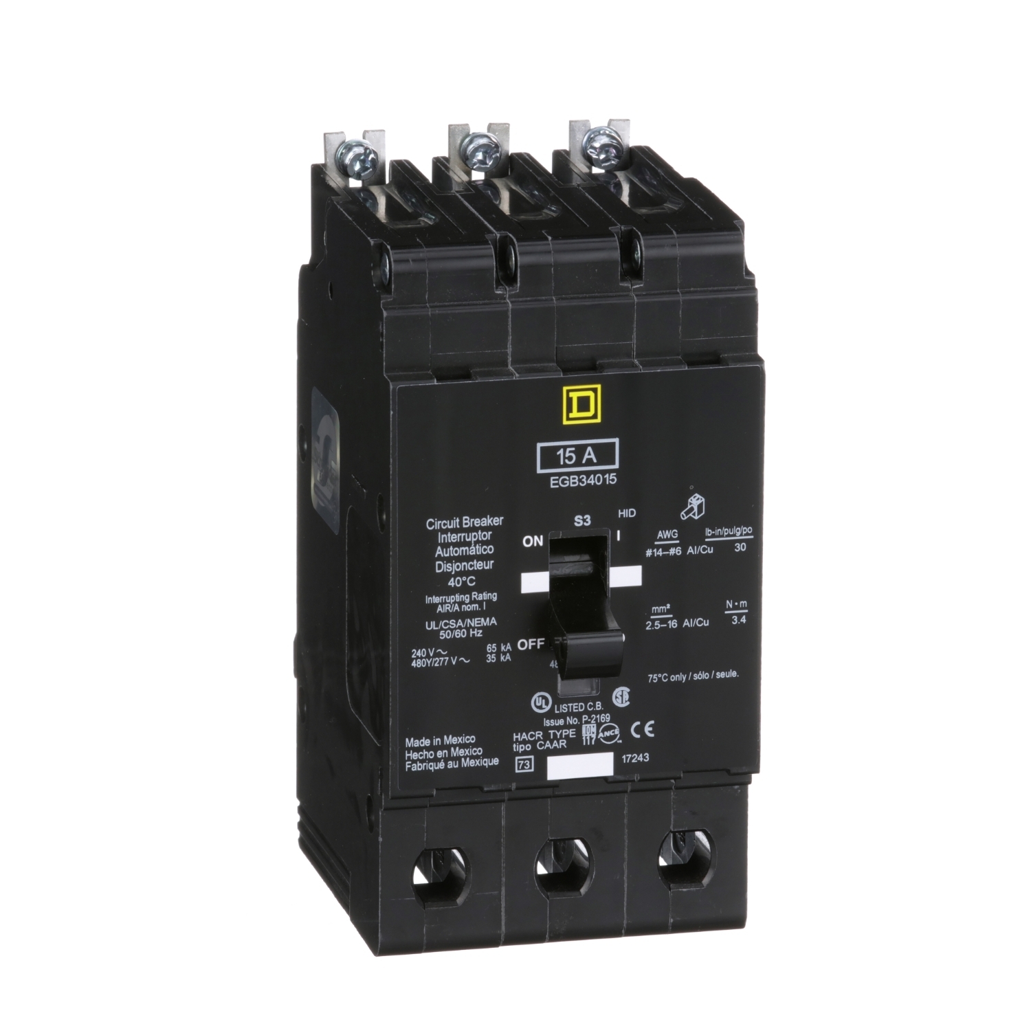Mini circuit breaker, E-Frame, 15A, 3 pole, 480Y/277VAC, 65kA max, bolt on [TAA]
