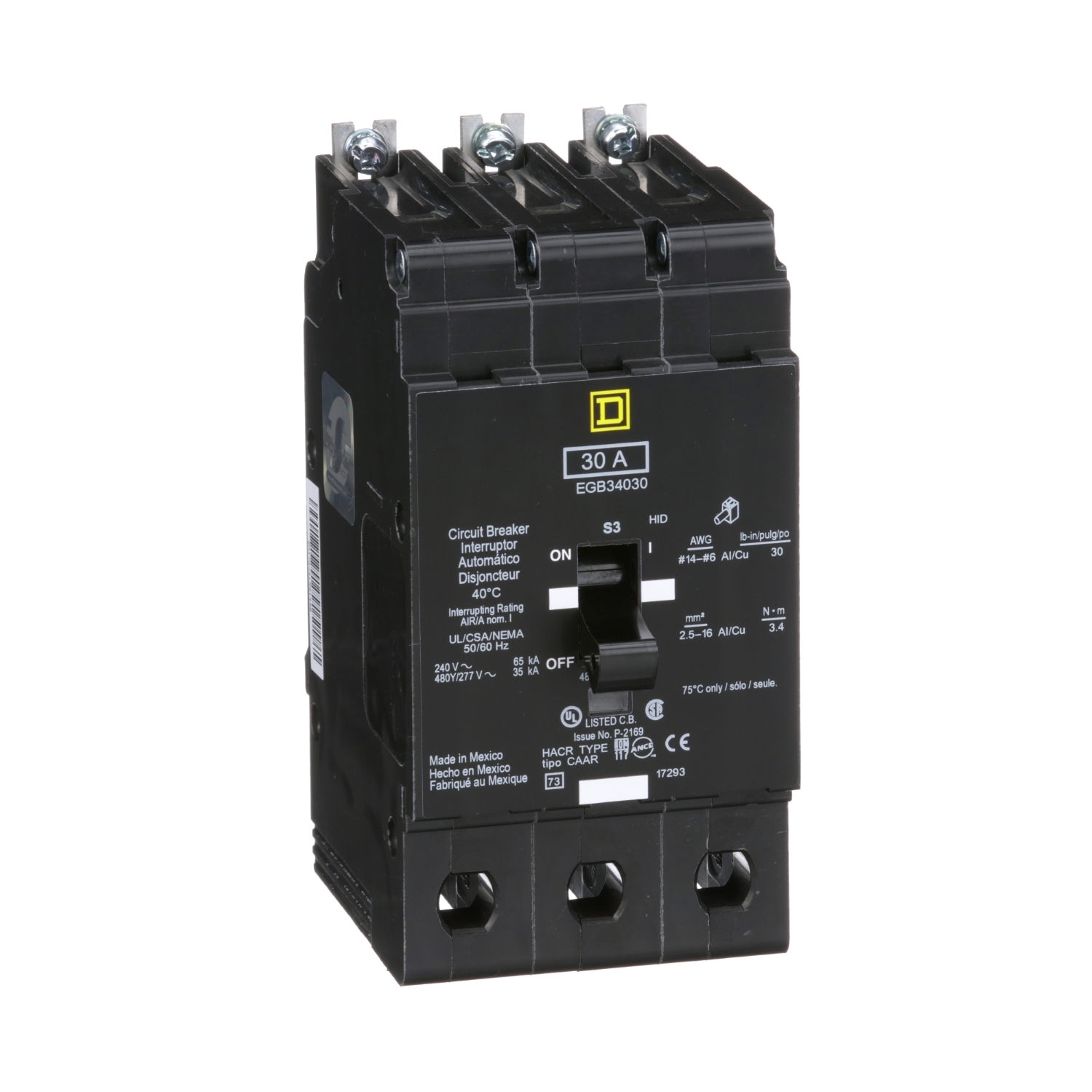 Mini circuit breaker, E-Frame, 30A, 3 pole, 480Y/277VAC, 65kA max, bolt on [TAA]