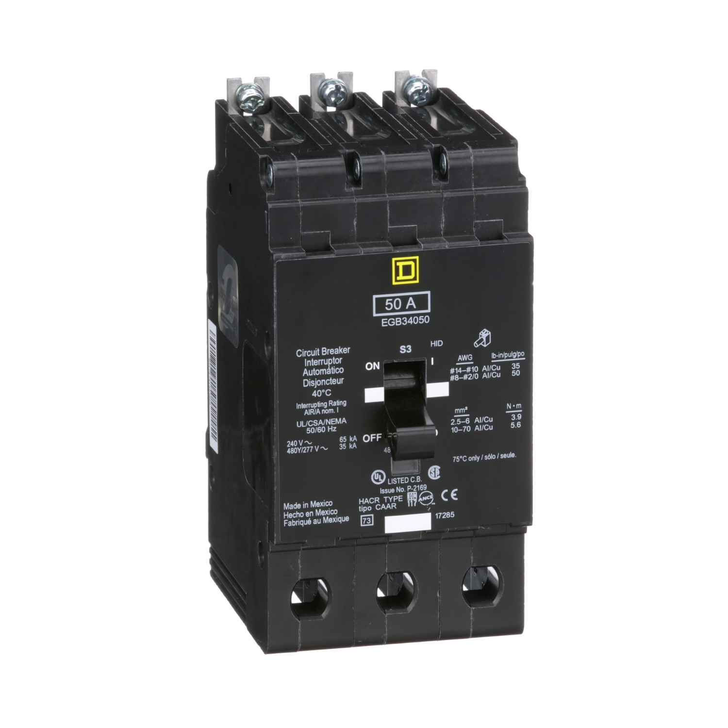 Mini circuit breaker, E-Frame, 50A, 3 pole, 480Y/277VAC, 65kA max, bolt on [TAA]