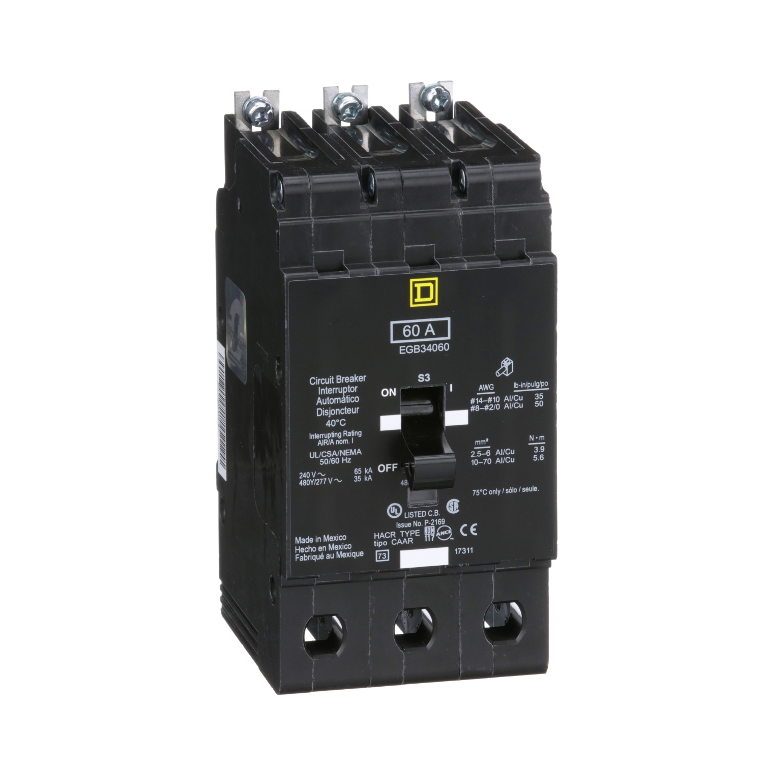 Mini circuit breaker, E-Frame, 60A, 3 pole, 480Y/277VAC, 65kA max, bolt on [TAA]