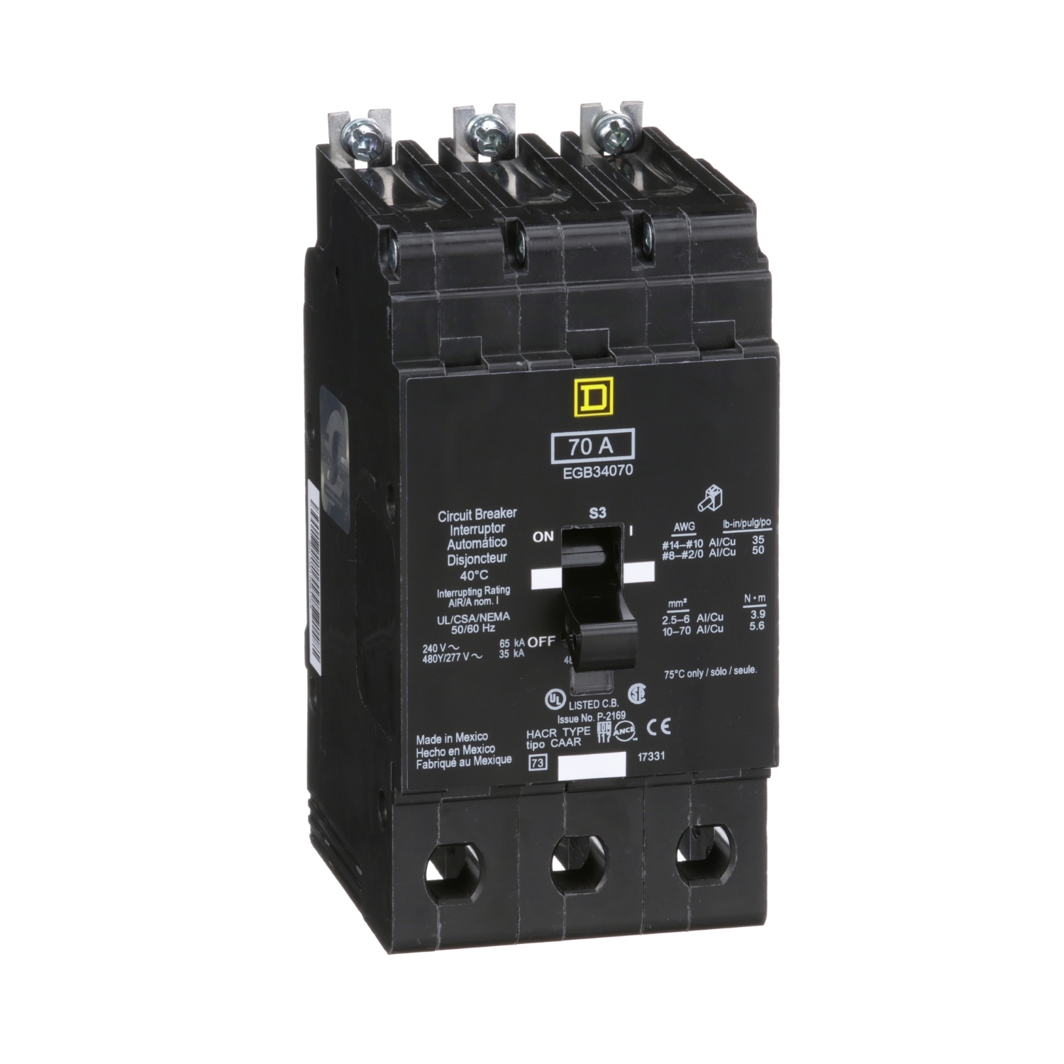 Mini circuit breaker, E-Frame, 70A, 3 pole, 480Y/277VAC, 65kA max, bolt on [TAA]