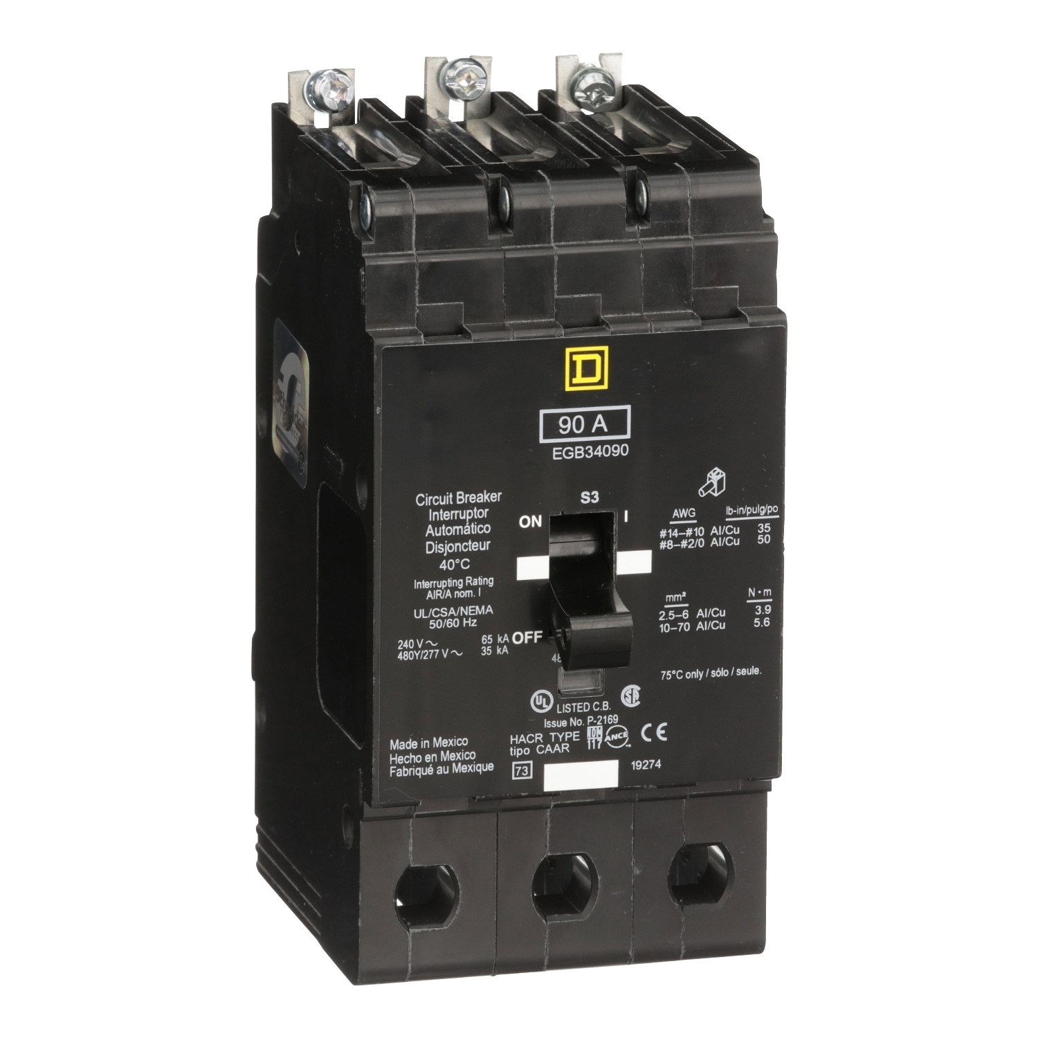 Mini circuit breaker, E-Frame, 90A, 3 pole, 480Y/277VAC, 65kA max, bolt on [TAA]