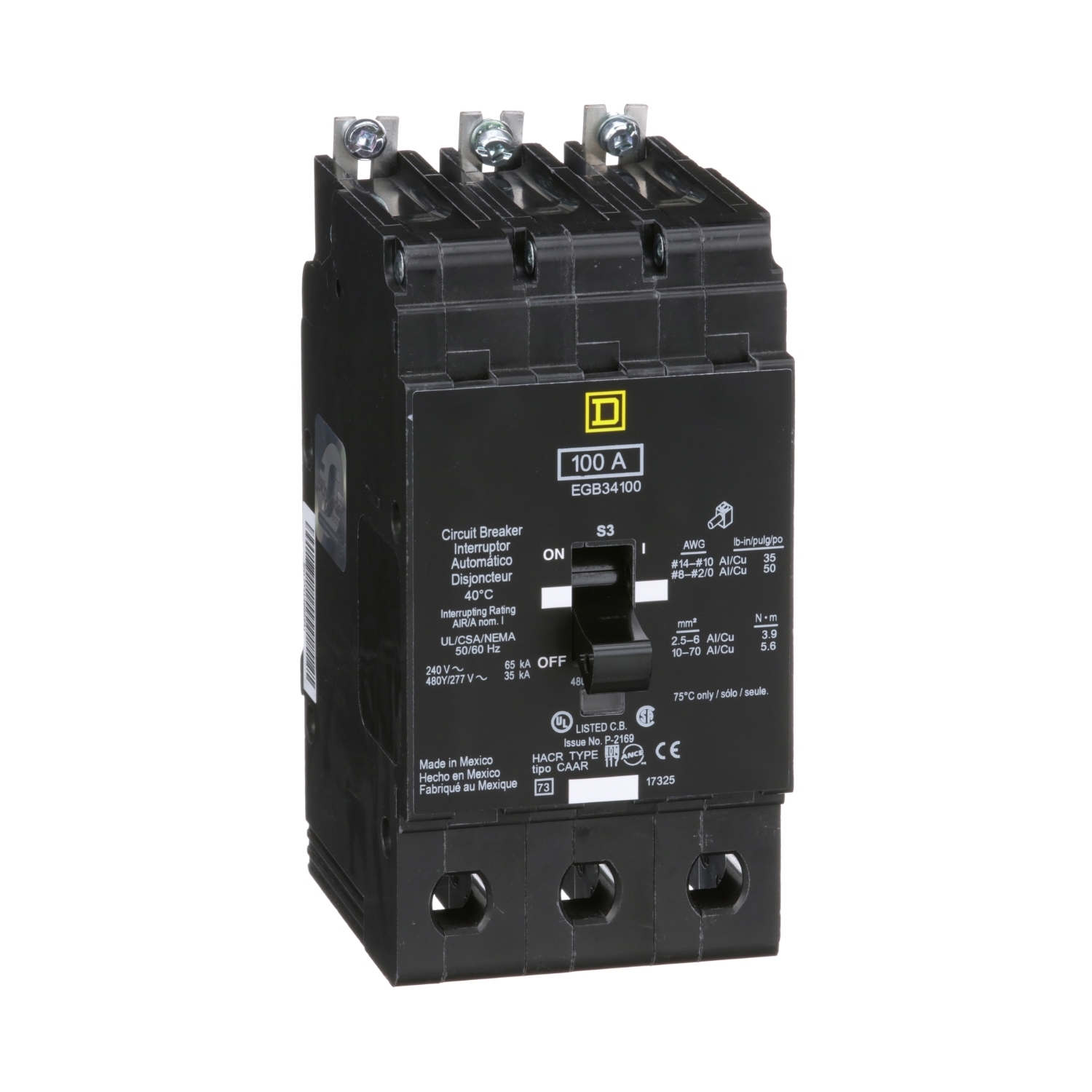 Mini circuit breaker, E-Frame, 100A, 3 pole, 480Y/277VAC, 65kA max, bolt on [TAA]