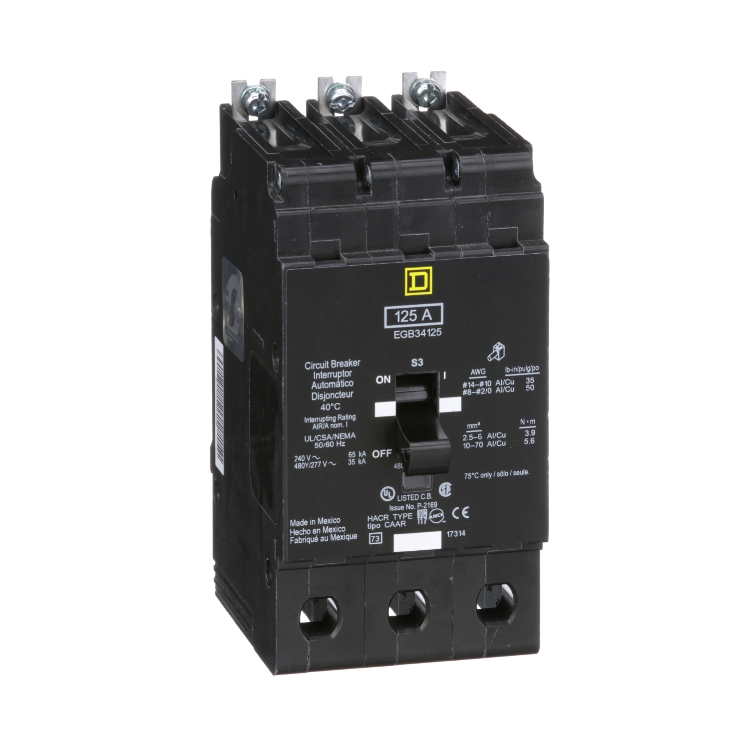 Mini circuit breaker, E-Frame, 125A, 3 pole, 480Y/277VAC, 65kA max, bolt on [TAA]