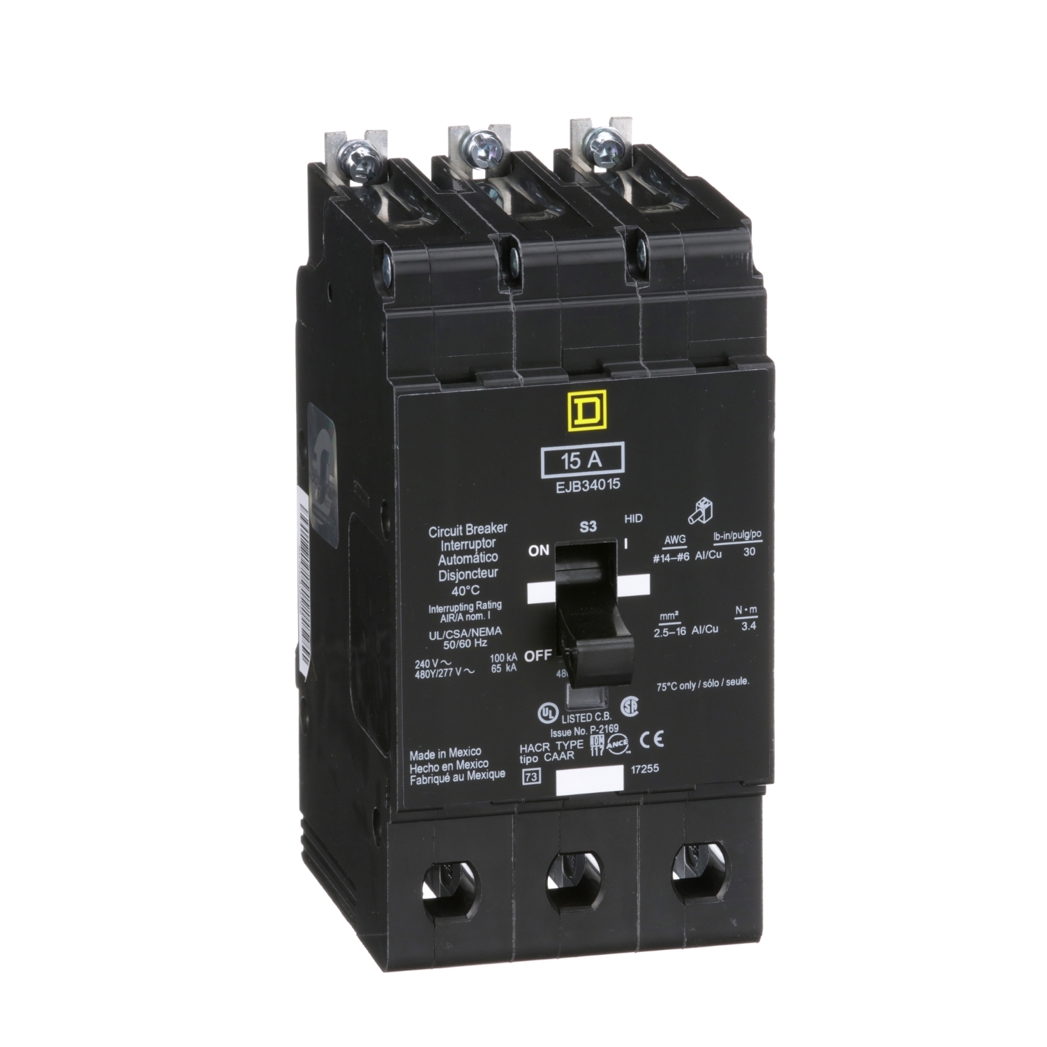 Mini circuit breaker, E-Frame, 15A, 3 pole, 480Y/277VAC, 100kA max, bolt on [TAA]