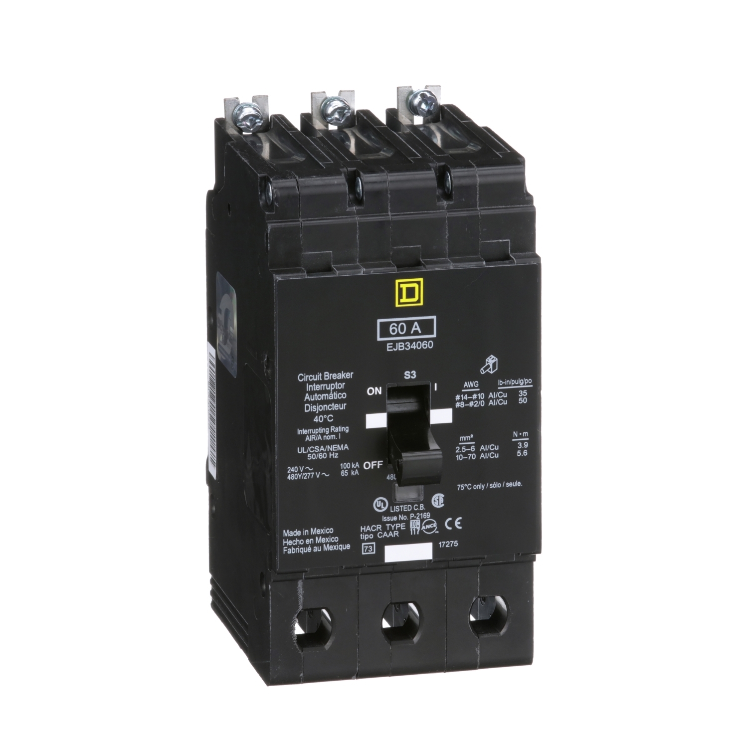 Mini circuit breaker, E-Frame, 60A, 3 pole, 480Y/277VAC, 100kA max, bolt on [TAA]