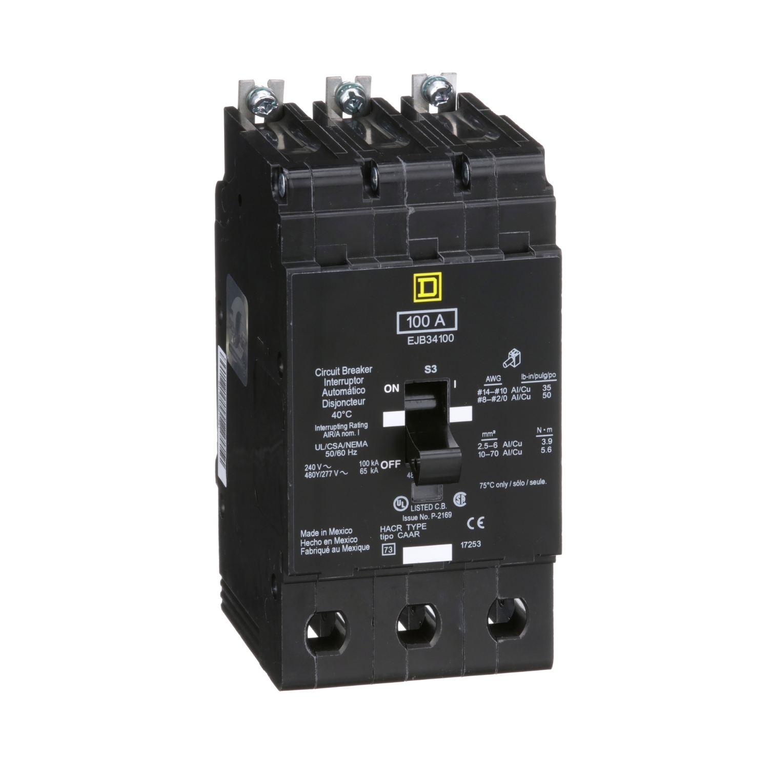 Mini circuit breaker, E-Frame, 100A, 3 pole, 480Y/277VAC, 100kA max, bolt on [TAA]