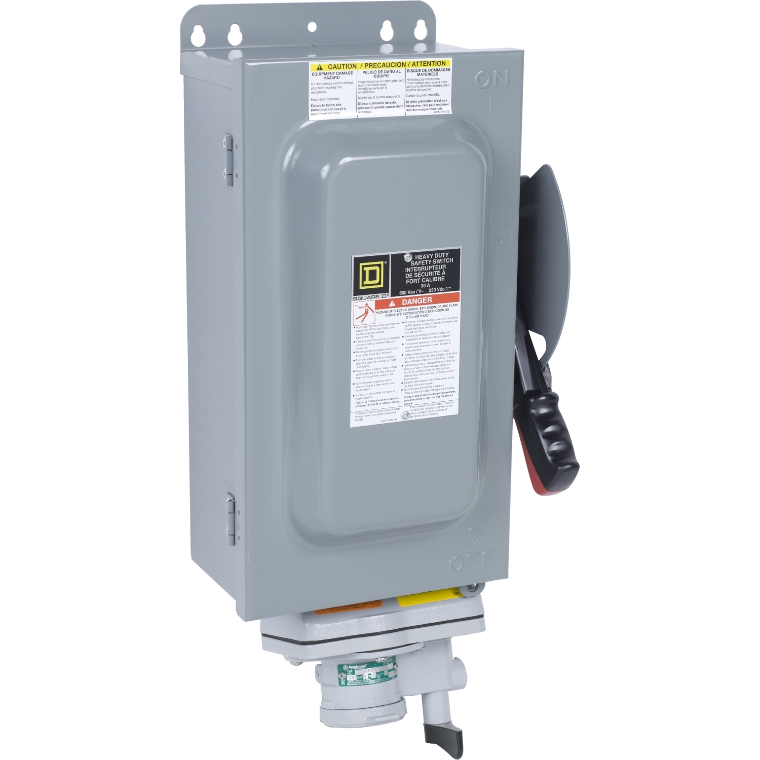 Safety switch, heavy duty, fusible, 30A, 600VAC/DC, 3 poles, 20HP, NEMA 12K, Appleton Powertite receptacle