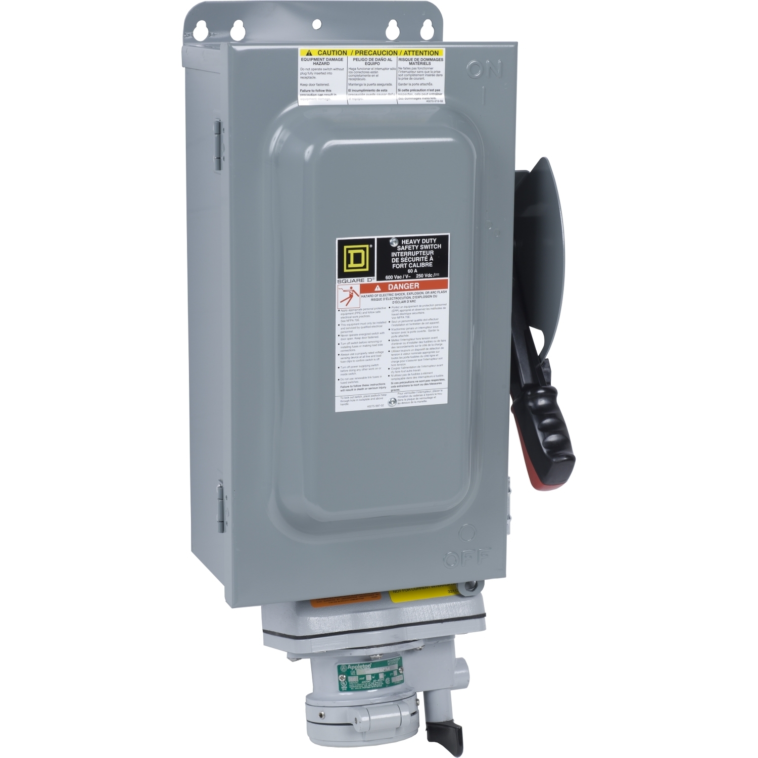 Safety switch, heavy duty, fusible, 60A, 600VAC/DC, 3 poles, 50HP, NEMA 12K, Appleton Powertite receptacle