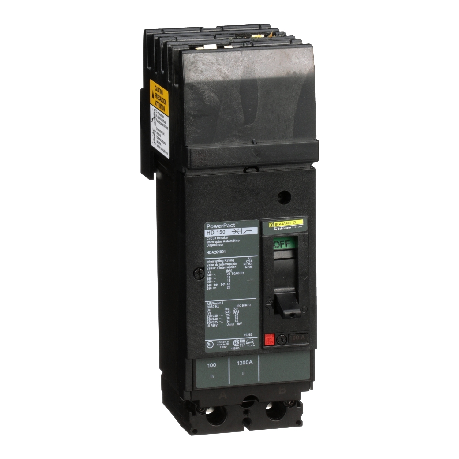 Circuit breaker, PowerPacT H, 100A, 2 pole, 600VAC, 14kA, I-Line, thermal magnetic, 80%, AB