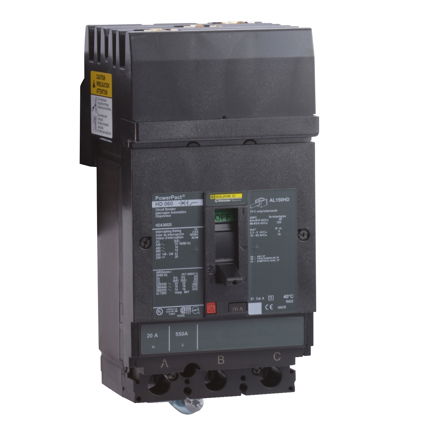 Circuit breaker, PowerPacT H, 20A, 3 pole, 600VAC, 14kA, I-Line, thermal magnetic, 80%, ABC
