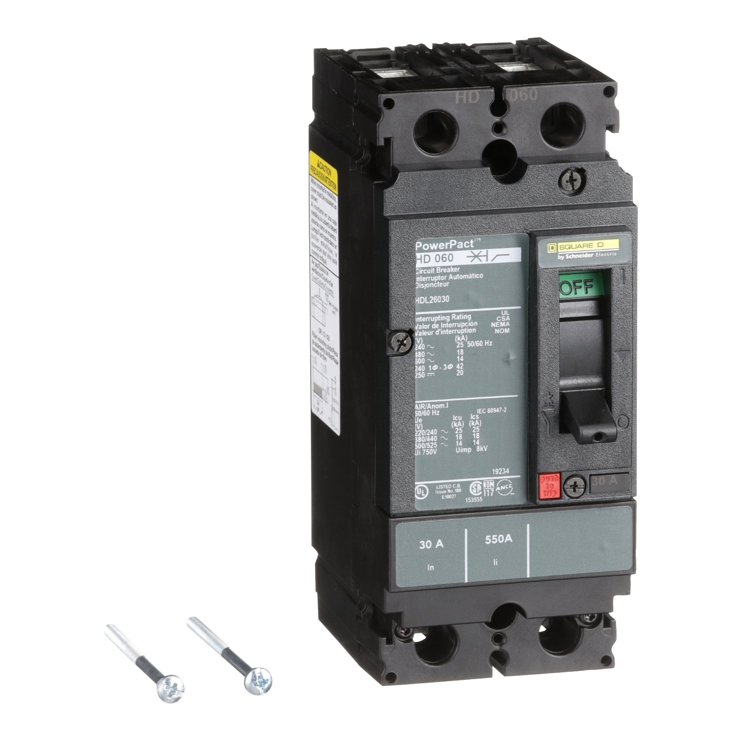 Circuit breaker, PowerPacT H, 30A, 2 pole, 600VAC, 14kA, lugs, thermal magnetic, 80%