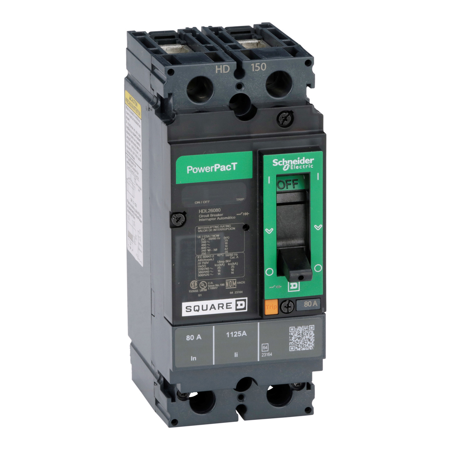 Circuit breaker, PowerPacT H, 80A, 2 pole, 600VAC, 14kA, lugs, thermal magnetic, 80%