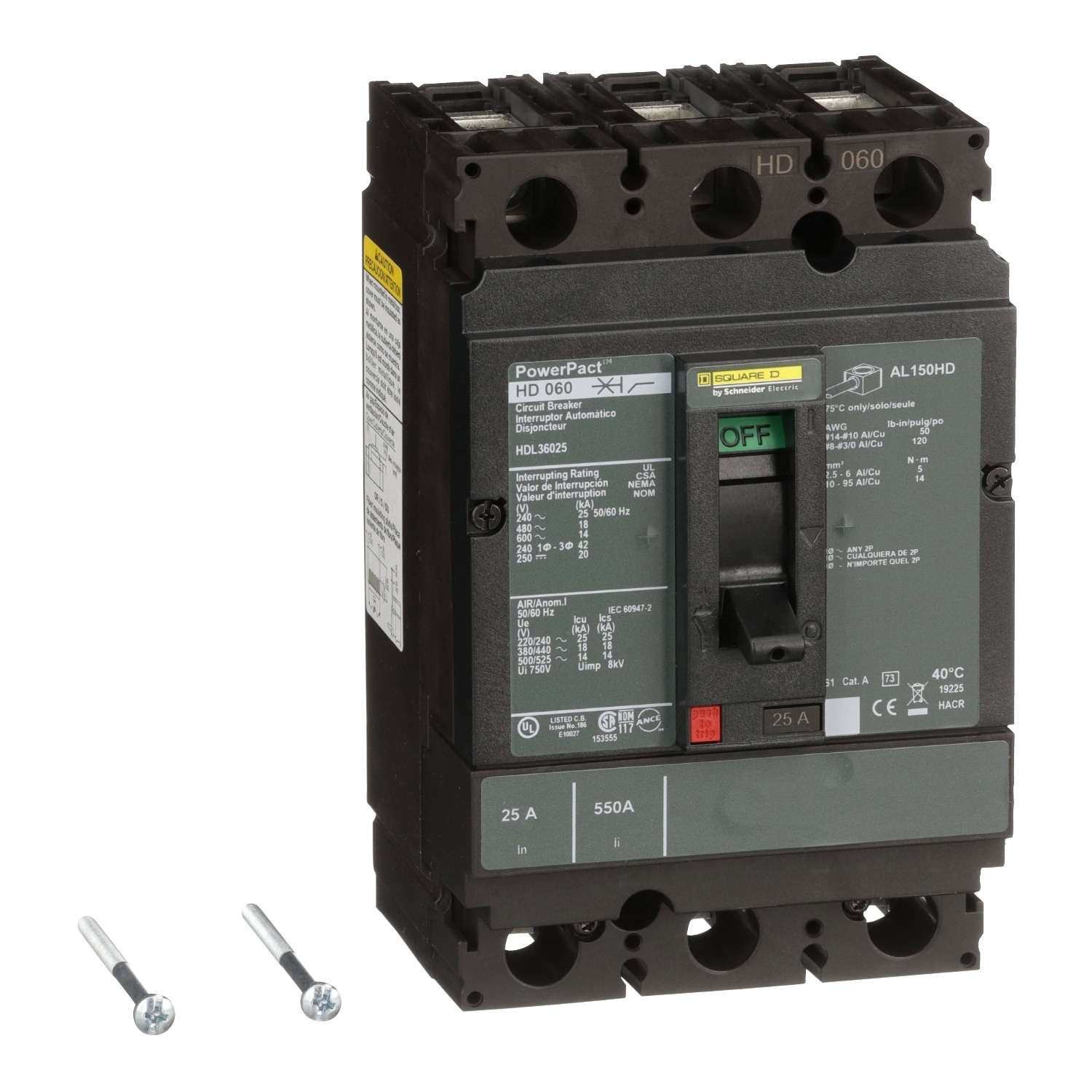 Circuit breaker, PowerPacT H, 25A, 3 pole, 600VAC, 14kA, lugs, thermal magnetic, 80%