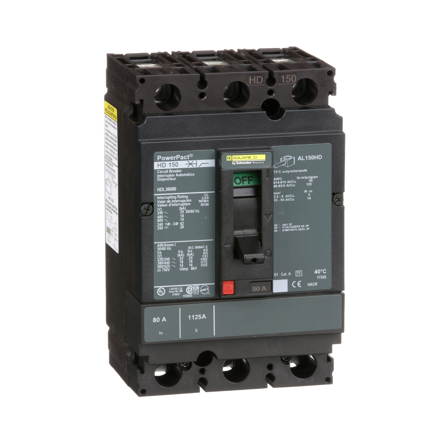 Circuit breaker, PowerPacT H, 80A, 3 pole, 600VAC, 14kA, lugs, thermal magnetic, 80%