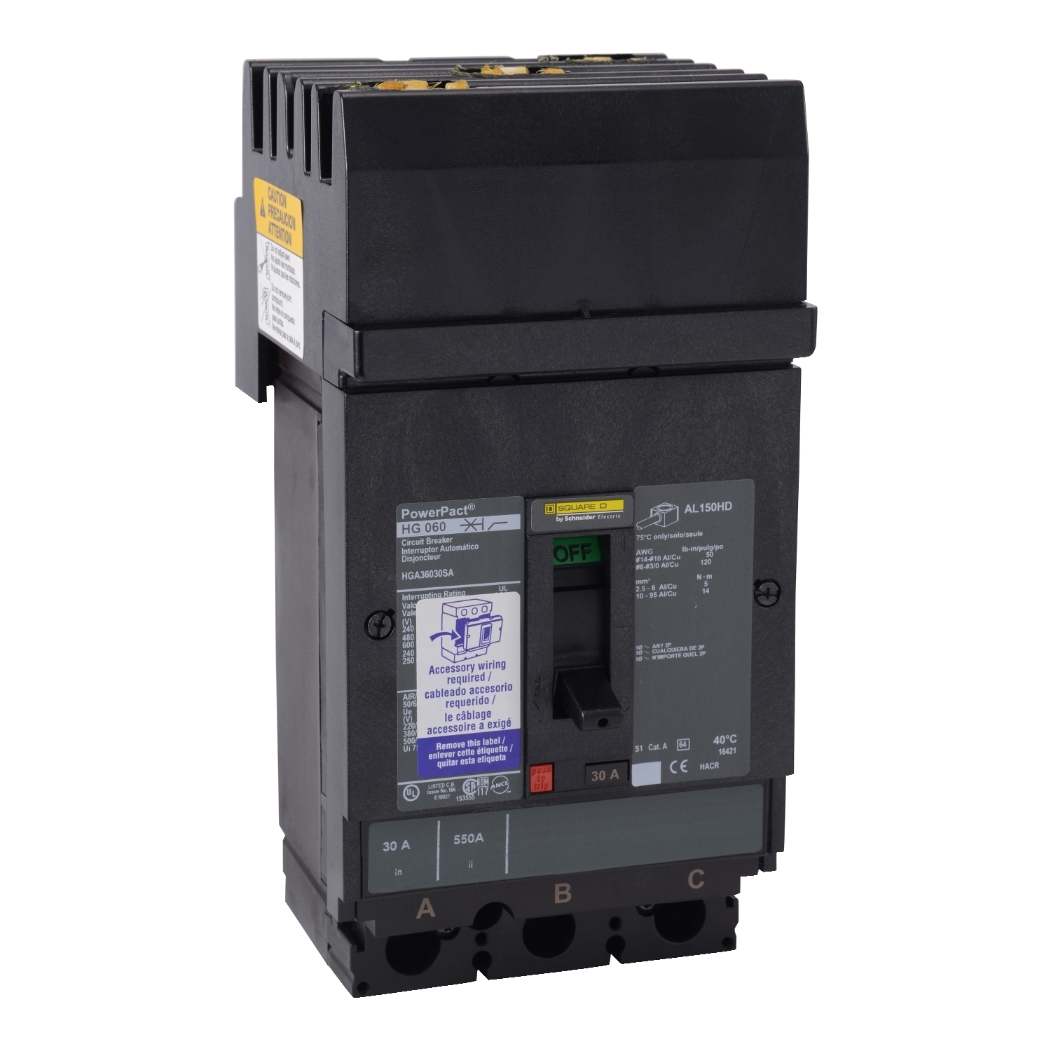 Circuit breaker, PowerPacT H, 25A, 3 pole, 600VAC, 18kA, I-Line, thermal magnetic, 80%, ABC