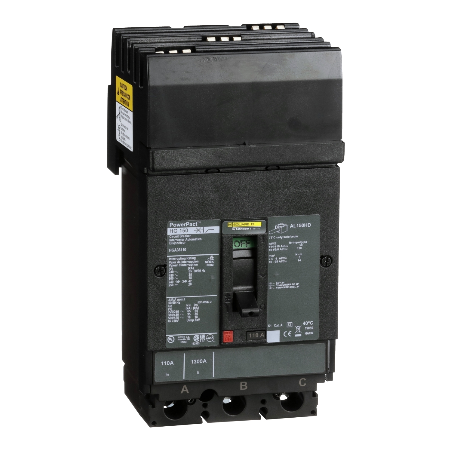 Circuit breaker, PowerPacT H, 110A, 3 pole, 600VAC, 18kA, I-Line, thermal magnetic, 80%, ABC