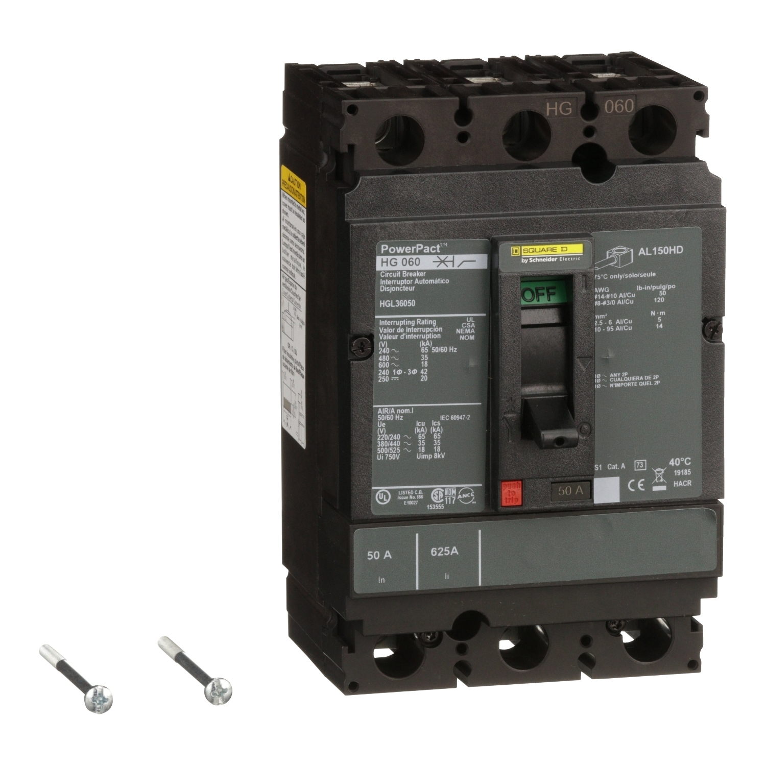 Circuit breaker, PowerPacT H, 50A, 3 pole, 600VAC, 18kA, lugs, thermal magnetic, 80%