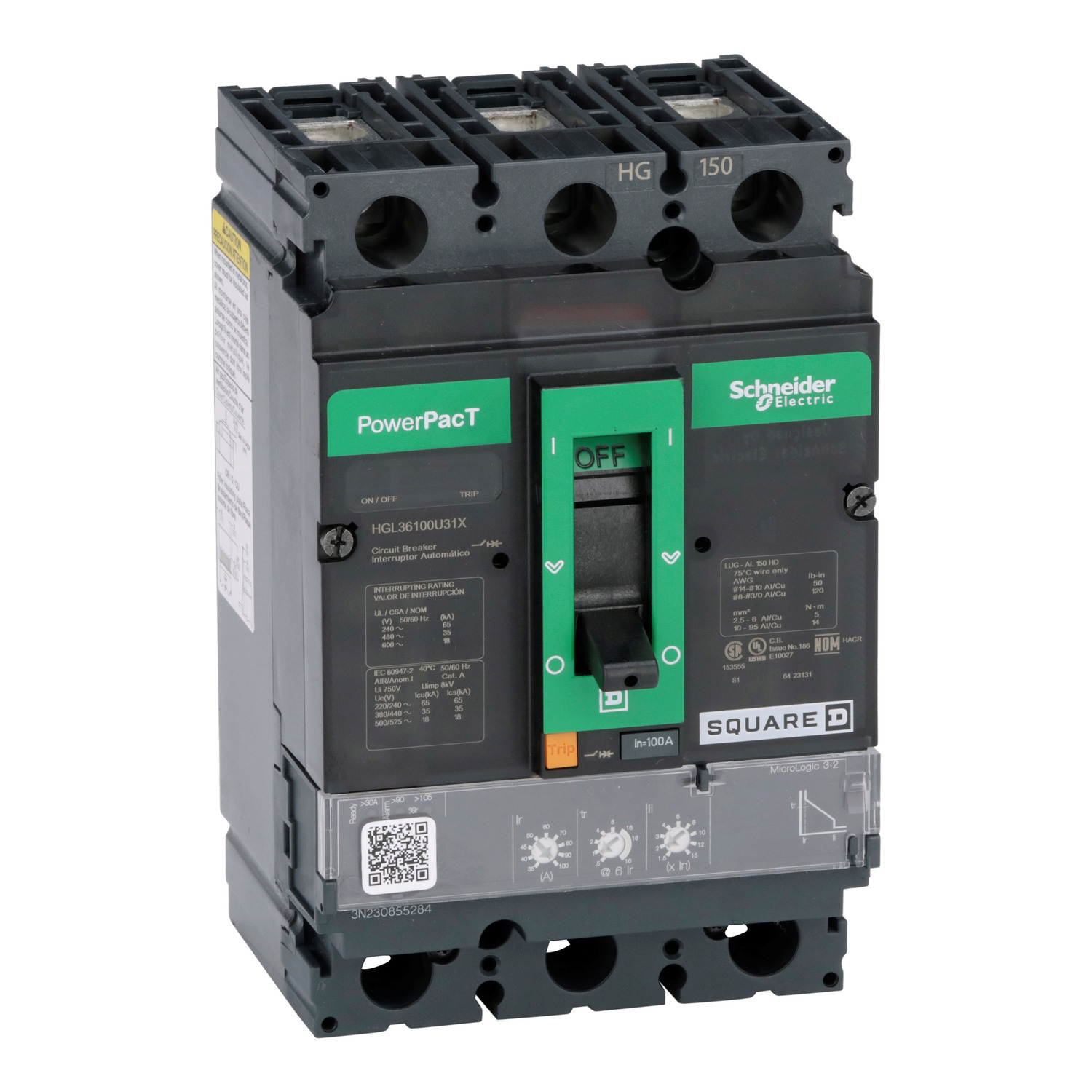 HGL36100U31X Molded Case Circuit Breaker, 100 Amp, 3 Pole, 600V
