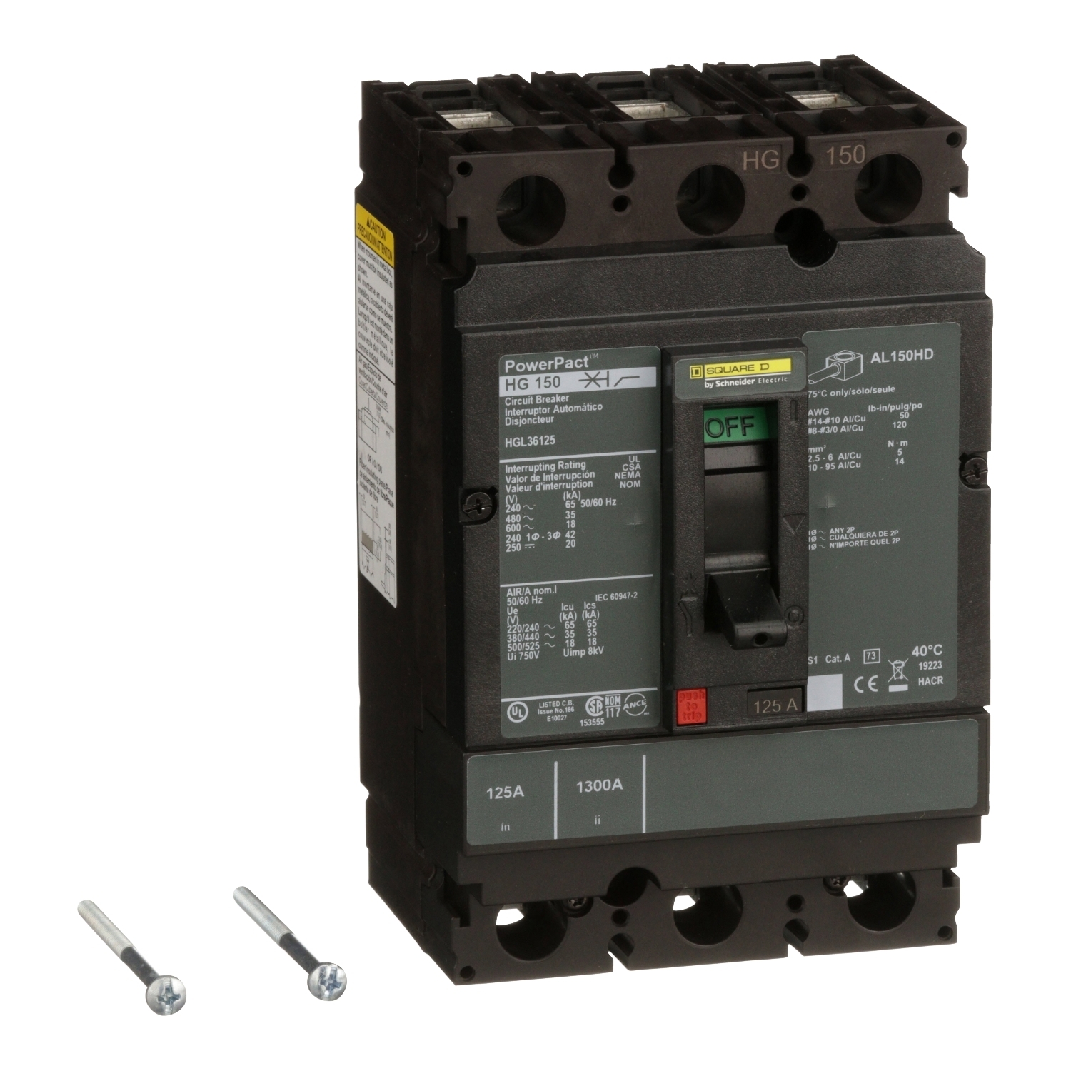 Circuit breaker, PowerPacT H, 125A, 3 pole, 600VAC, 18kA, lugs, thermal magnetic, 80%