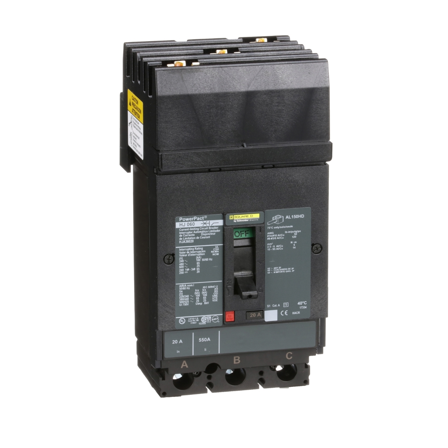 Circuit breaker, PowerPacT H, 20A, 3 pole, 600VAC, 25kA, I-Line, thermal magnetic, 80%, ABC