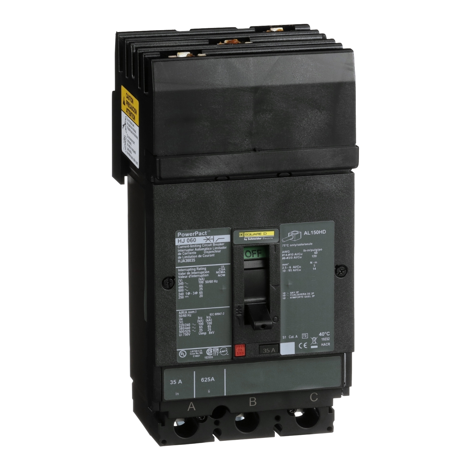 Circuit breaker, PowerPacT H, 35A, 3 pole, 600VAC, 25kA, I-Line, thermal magnetic, 80%, ABC