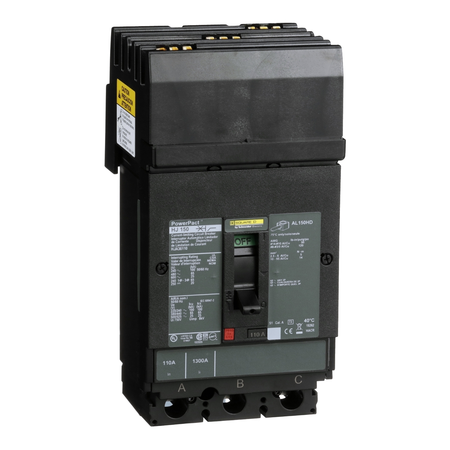 Circuit breaker, PowerPacT H, 110A, 3 pole, 600VAC, 25kA, I-Line, thermal magnetic, 80%, ABC