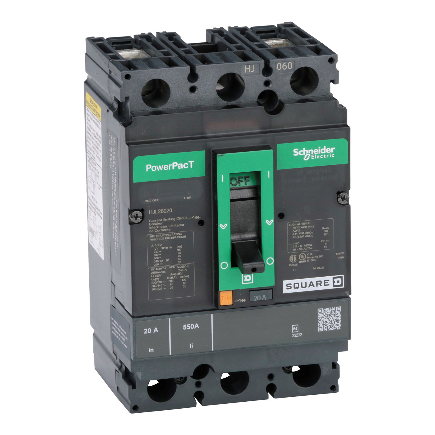 Circuit breaker, PowerPacT H, 20A, 2 pole, 600VAC, 25kA, lugs, thermal magnetic, 80%