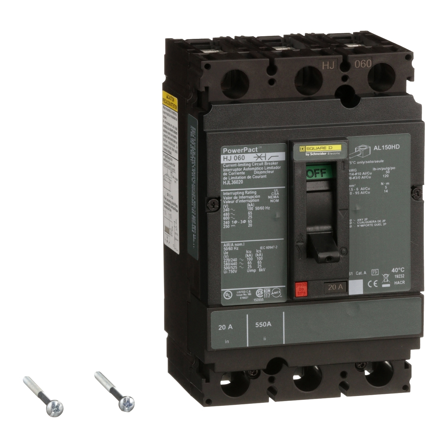 Circuit breaker, PowerPacT H, 20A, 3 pole, 600VAC, 25kA, lugs, thermal magnetic, 80%