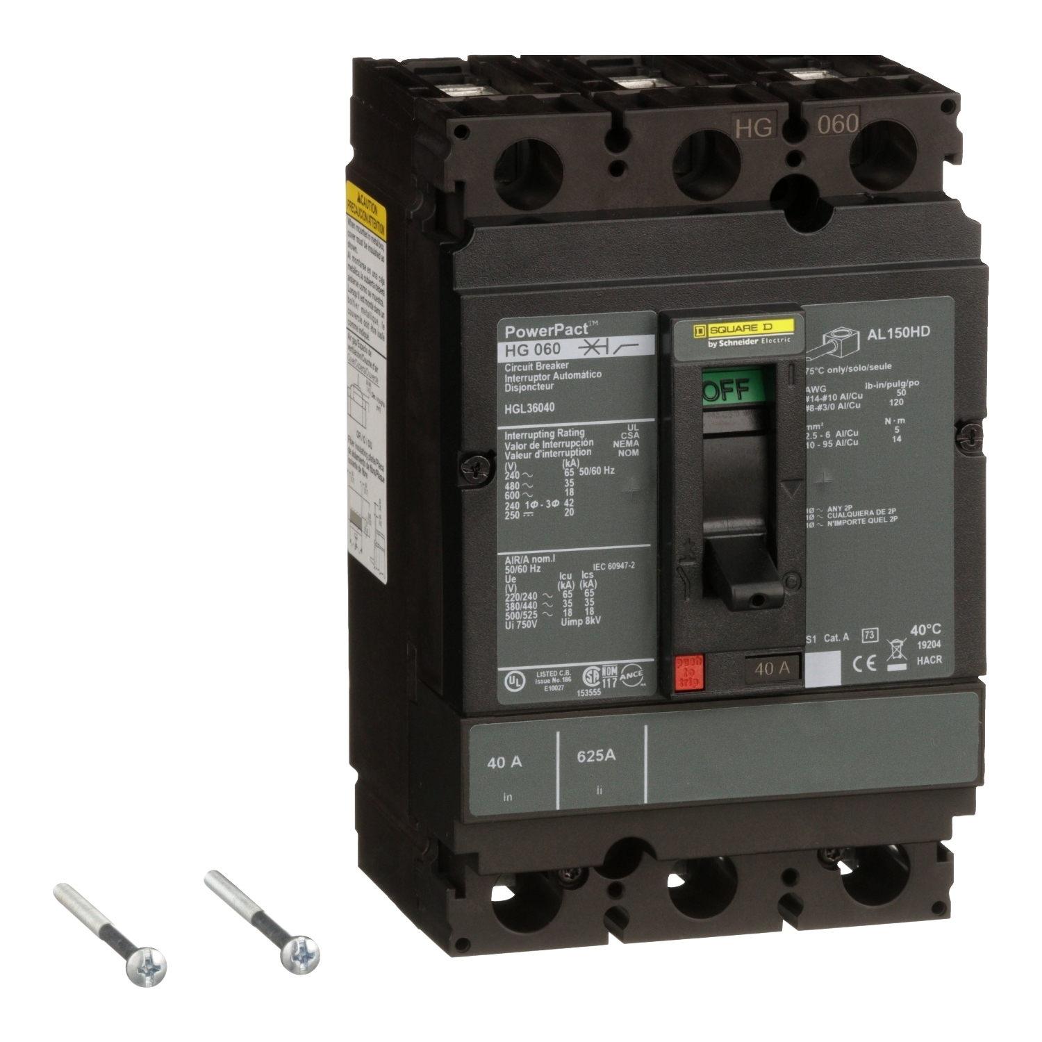 Circuit breaker, PowerPacT H, 40A, 3 pole, 600VAC, 25kA, lugs, thermal magnetic, 80%