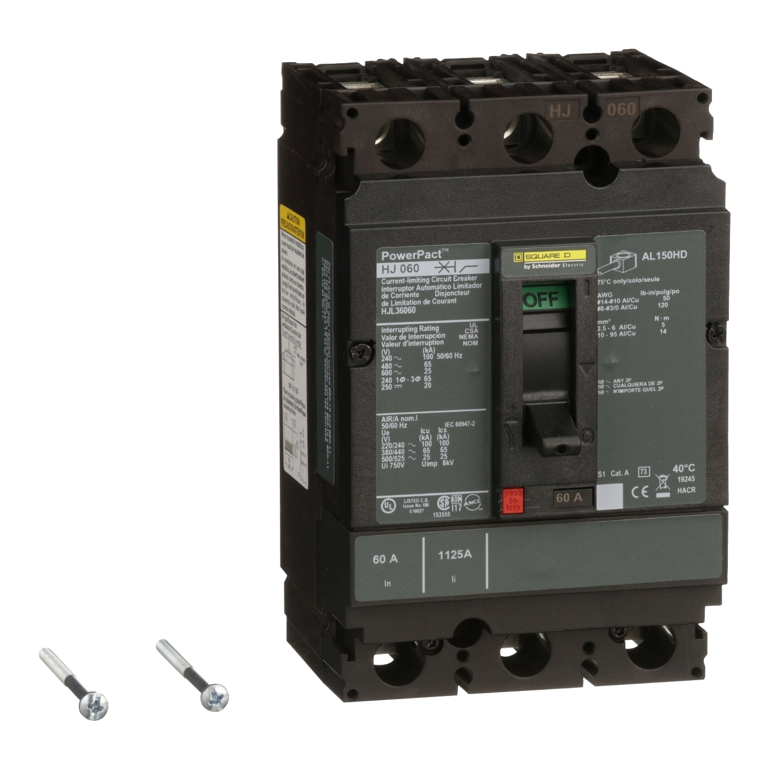 Circuit breaker, PowerPacT H, 60A, 3 pole, 600VAC, 25kA, lugs, thermal magnetic, 80%