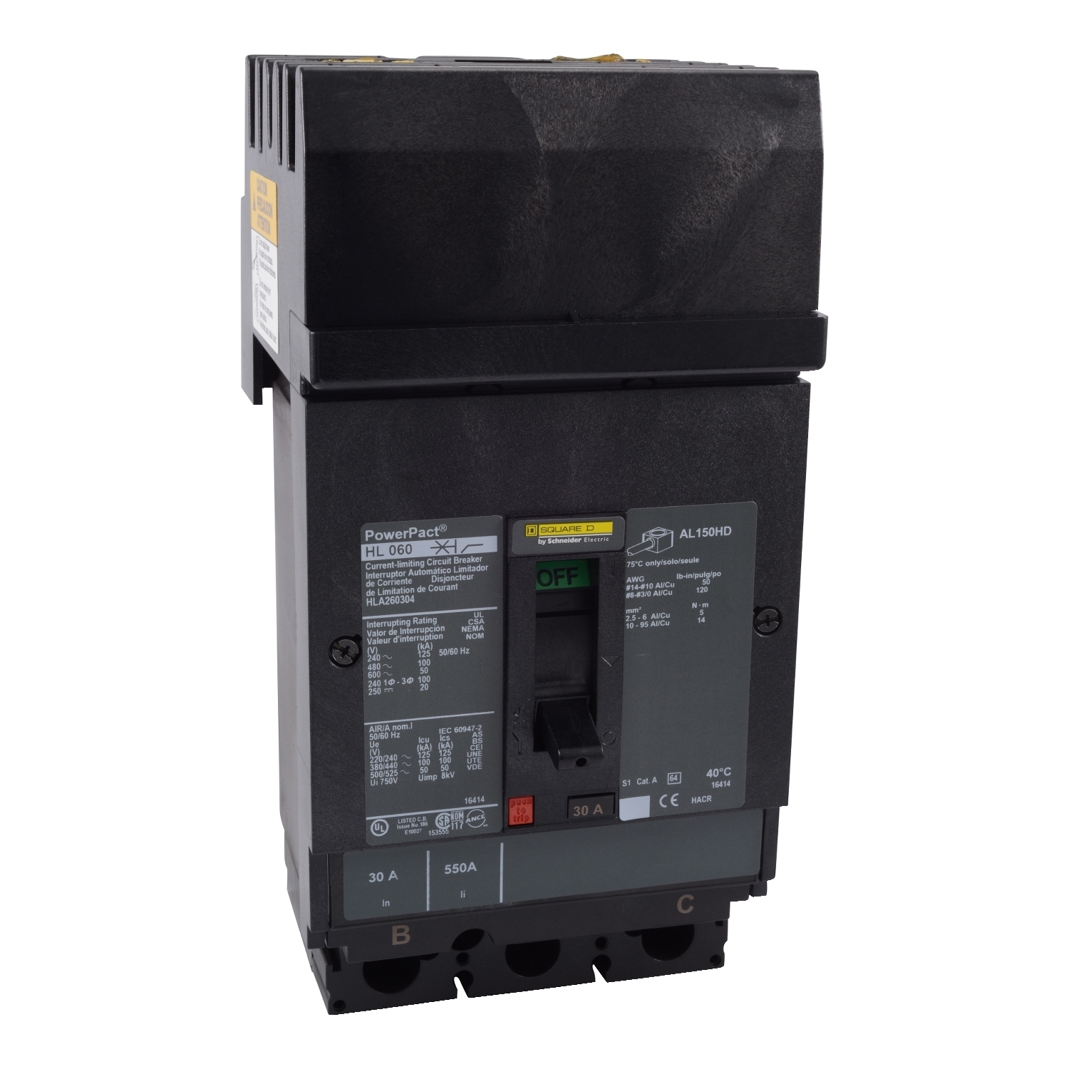 Circuit breaker, PowerPacT H, 150A, 3 pole, 600VAC, 50kA, I-Line, thermal magnetic, 80%, ABC