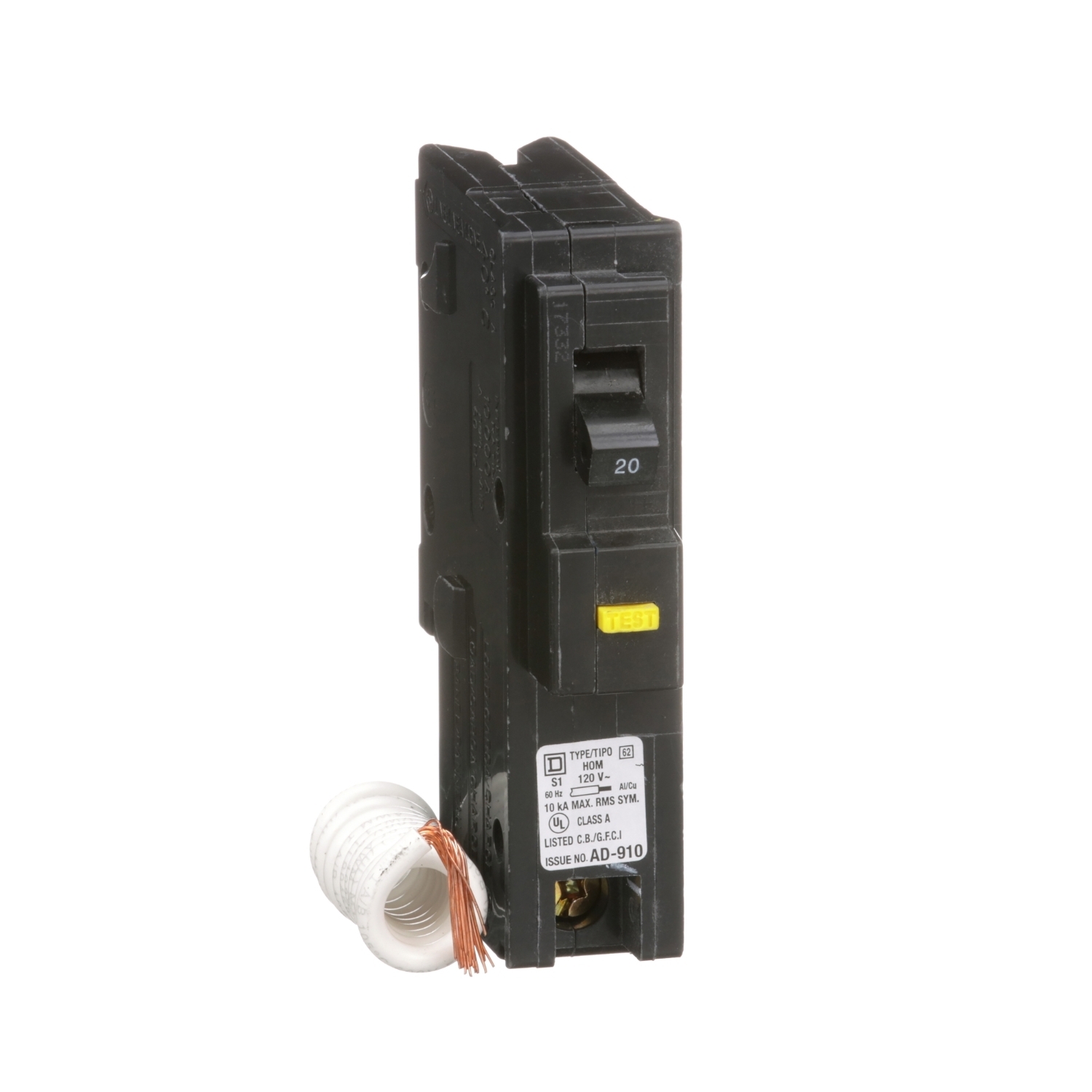 HOM120GFI Homeline Miniature Circuit Breaker, 20 Amp, 1 Pole, 120V
