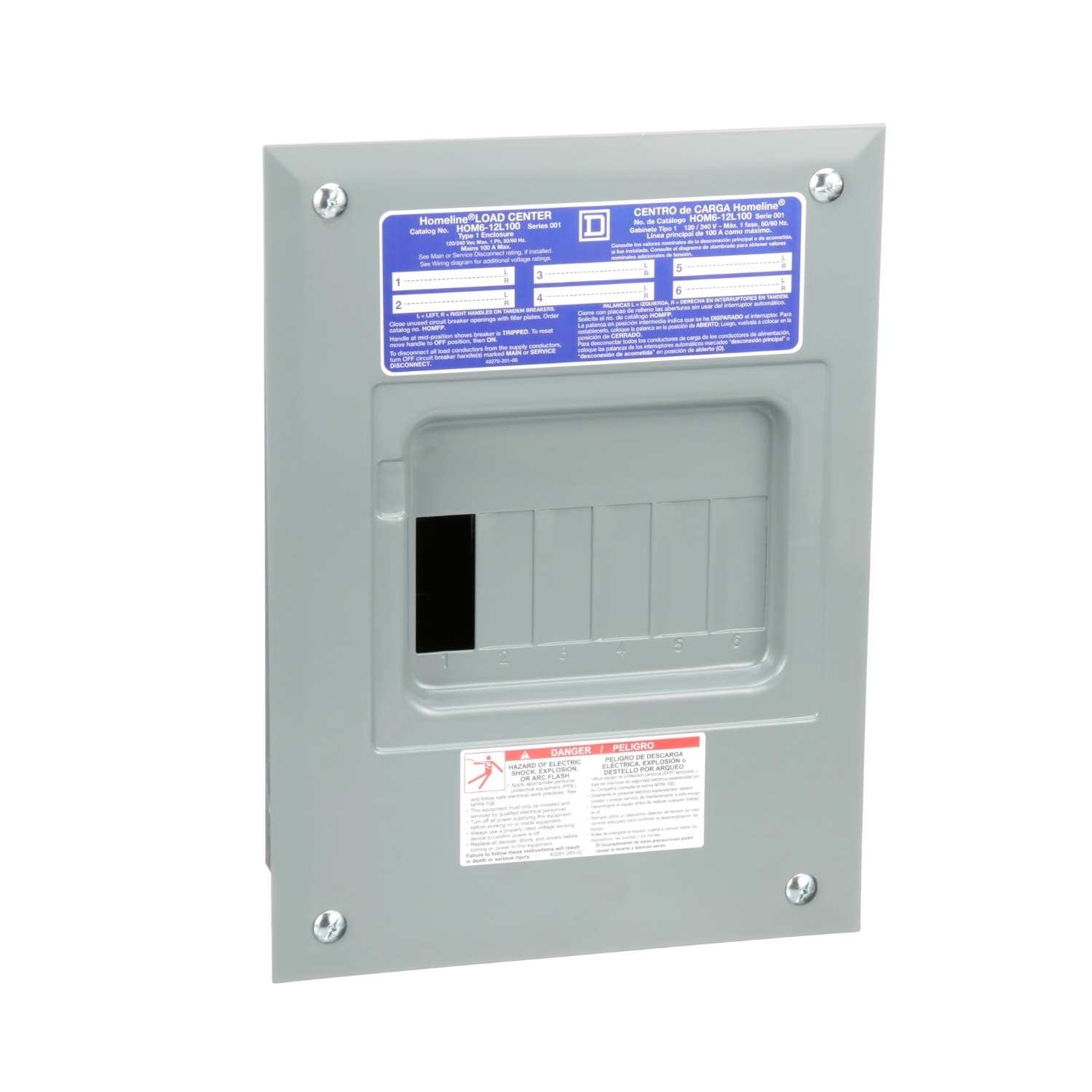 HOM612L100F Homeline Load center, Homeline, 1 phase, 6 spaces, 12 circuits, 100A fixed main lugs, NEMA1, flush cover