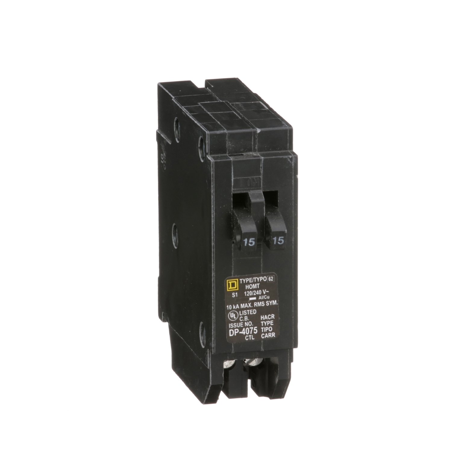 HOMT1515 Homeline Tandem circuit breaker, Homeline, 2 x 1 pole at 15A, 120/240VAC, 10kA AIR, plug in, UL
