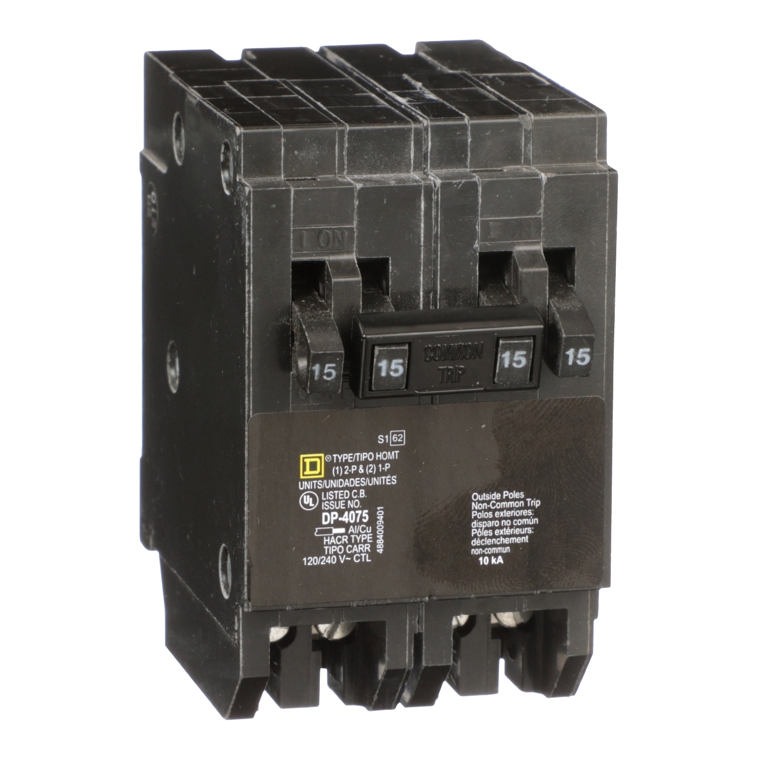 HOMT1515220 Homeline Tandem circuit breaker, Homeline, 2 x 1 pole at 15A, 1 x 2 pole at 20A, 120/240VAC, 10kA AIR, plug in, UL
