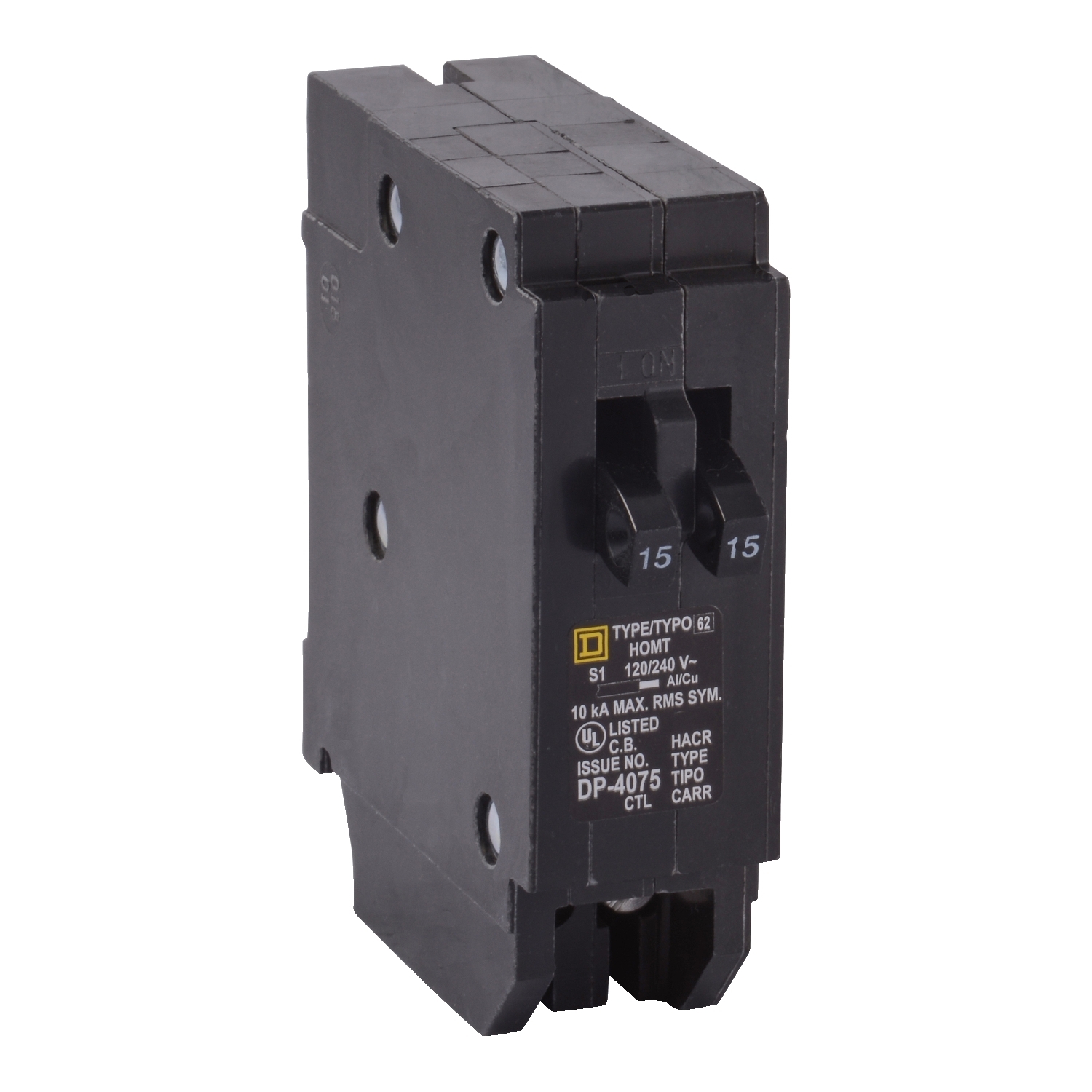 HOMT3015 Homeline Tandem circuit breaker, Homeline, 1 x 1 pole at 30A, 1 x 1 pole at 15A, 120/240VAC, 10kA AIR, plug in, UL
