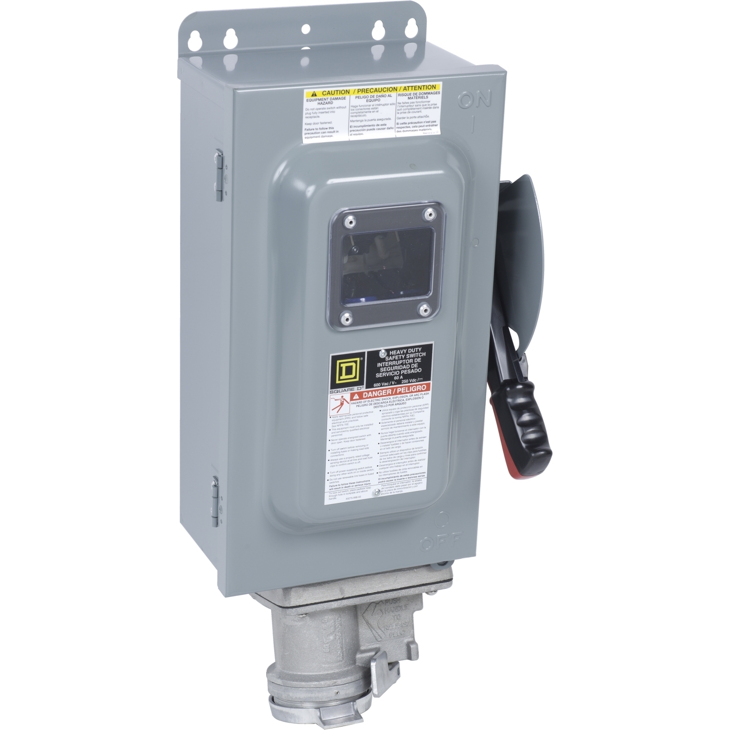 Safety switch, heavy duty, non fusible, 60A, 600VAC/DC, 3 poles, 60HP, NEMA 12K, Crouse-Hinds Arktite, viewing window