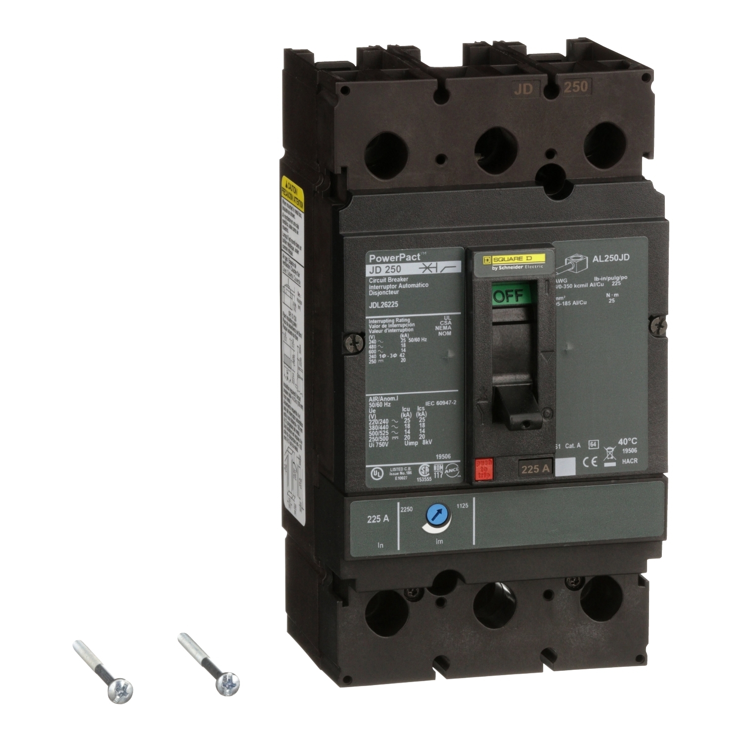 Circuit breaker, PowerPacT J, 225A, 2 pole, 600VAC, 14kA, lugs, thermal magnetic, 80%