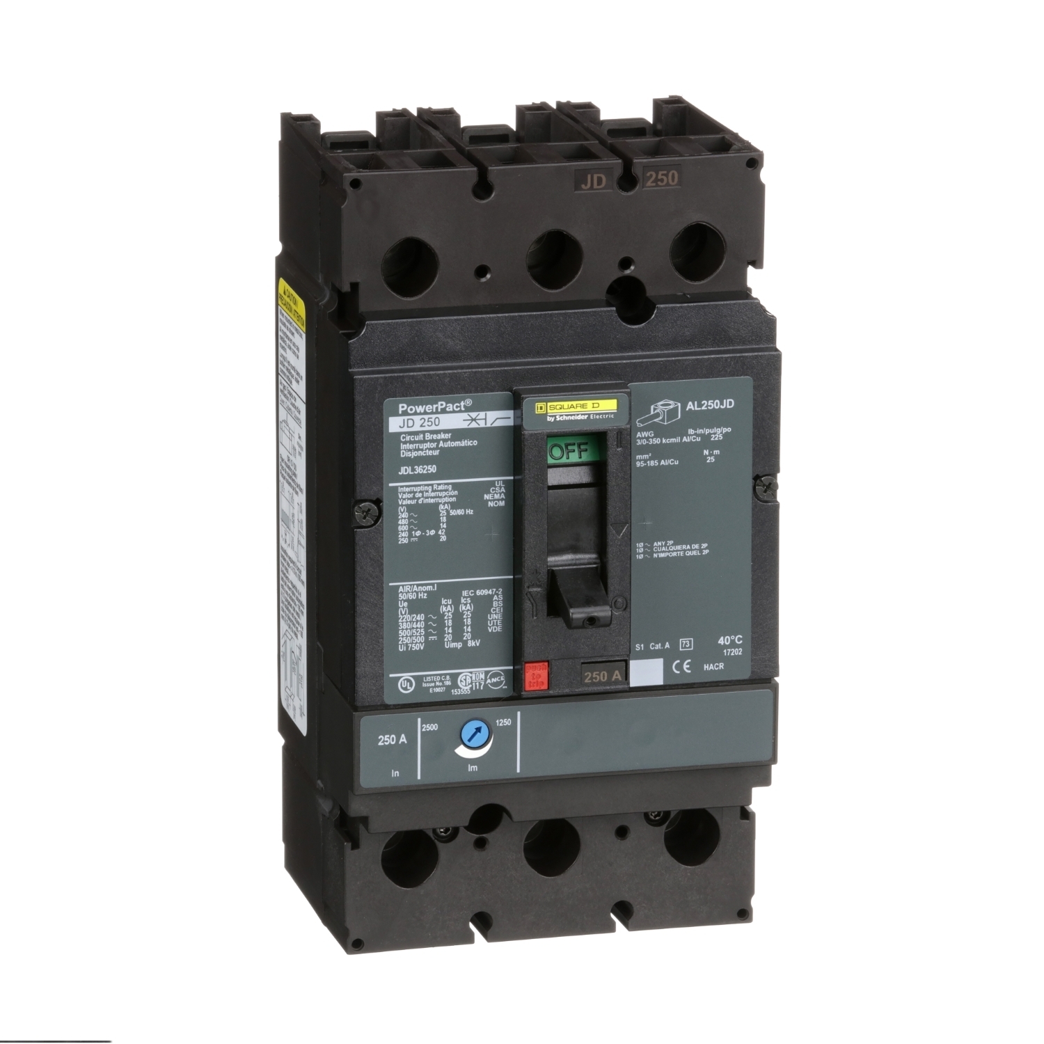 Circuit breaker, PowerPacT J, 250A, 3 pole, 600VAC, 14kA, lugs, thermal magnetic, 80%