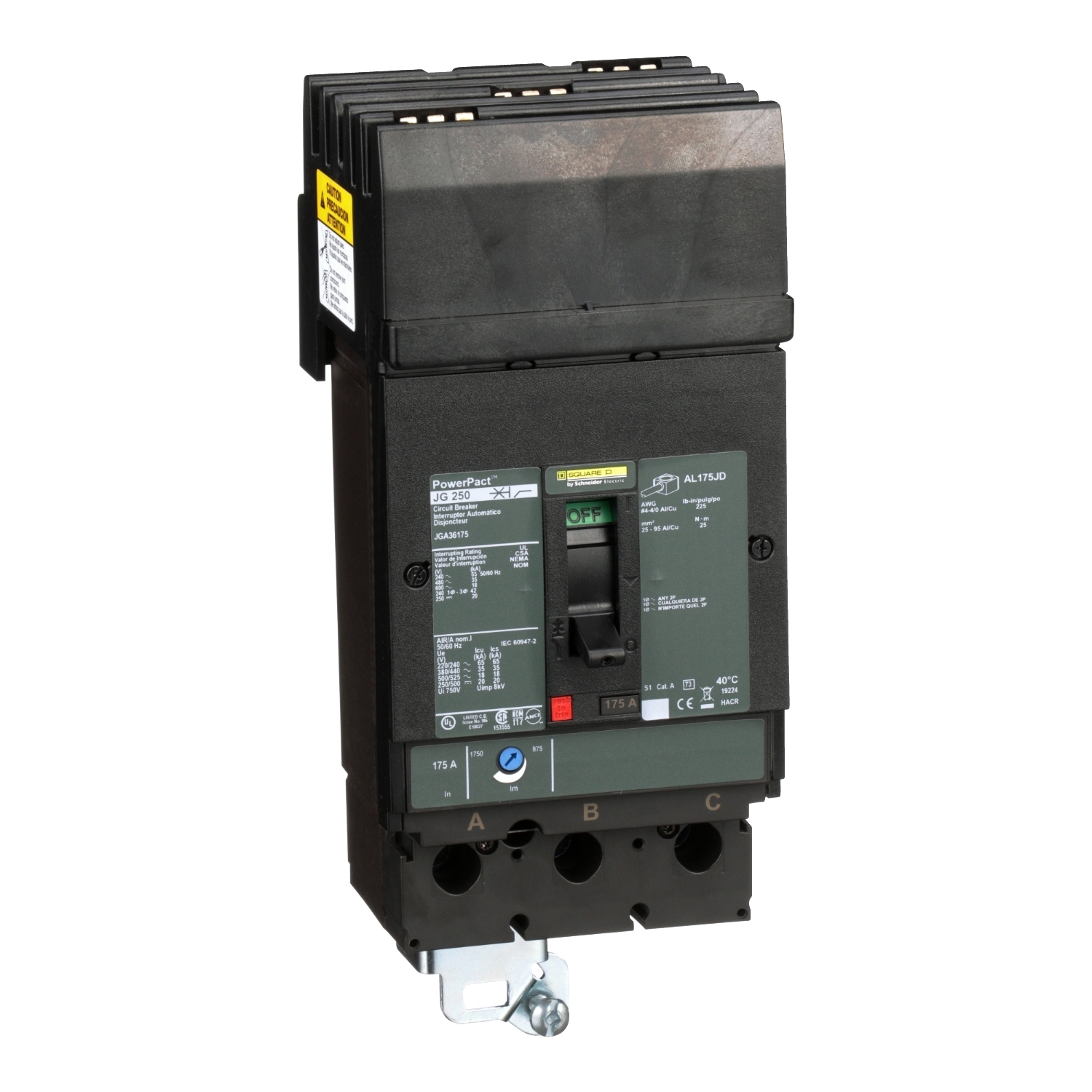 Circuit breaker, PowerPacT J, 175A, 3 pole, 600VAC, 18kA, I-Line, thermal magnetic, 80%, ABC