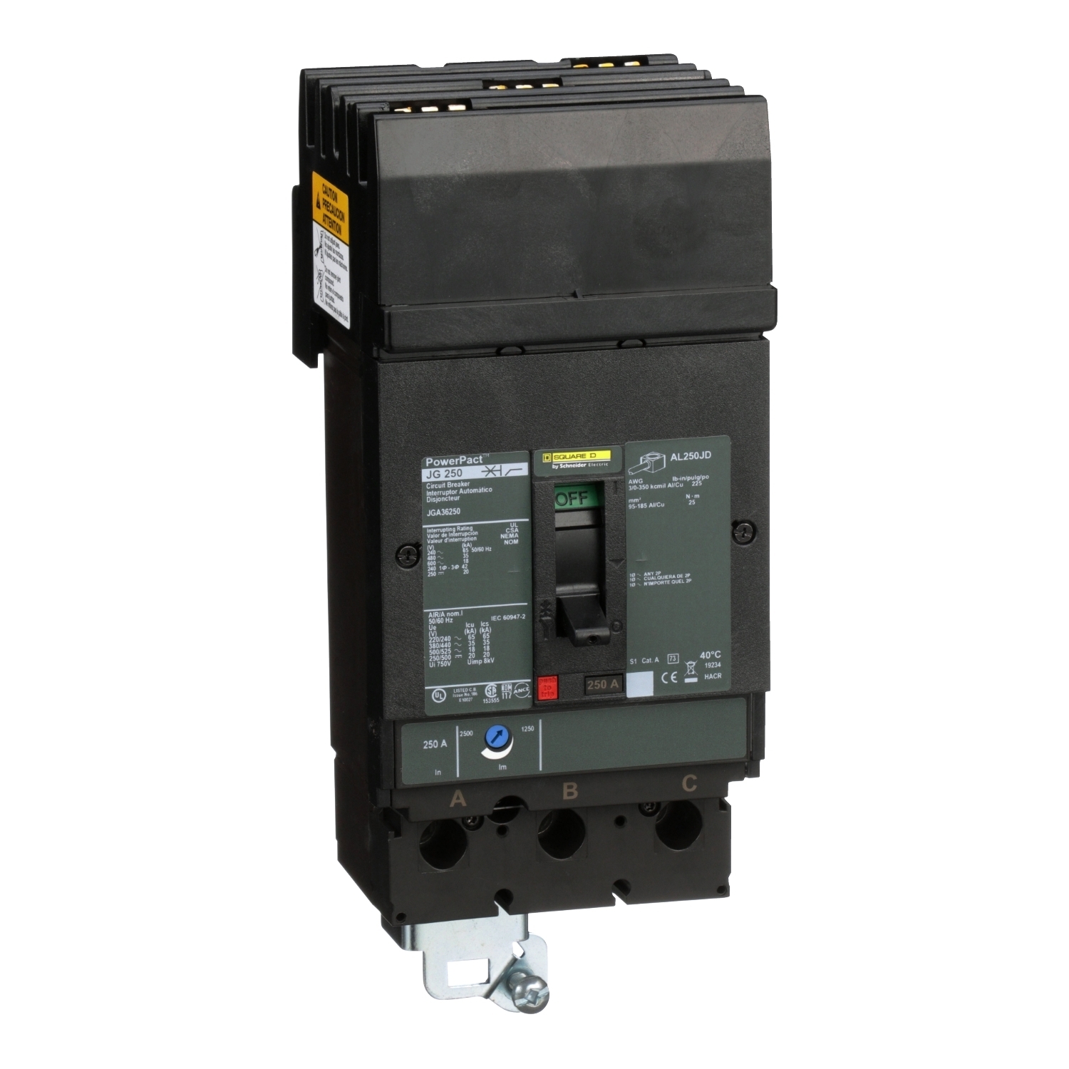 Circuit breaker, PowerPacT J, 250A, 3 pole, 600VAC, 18kA, I-Line, thermal magnetic, 80%, ABC