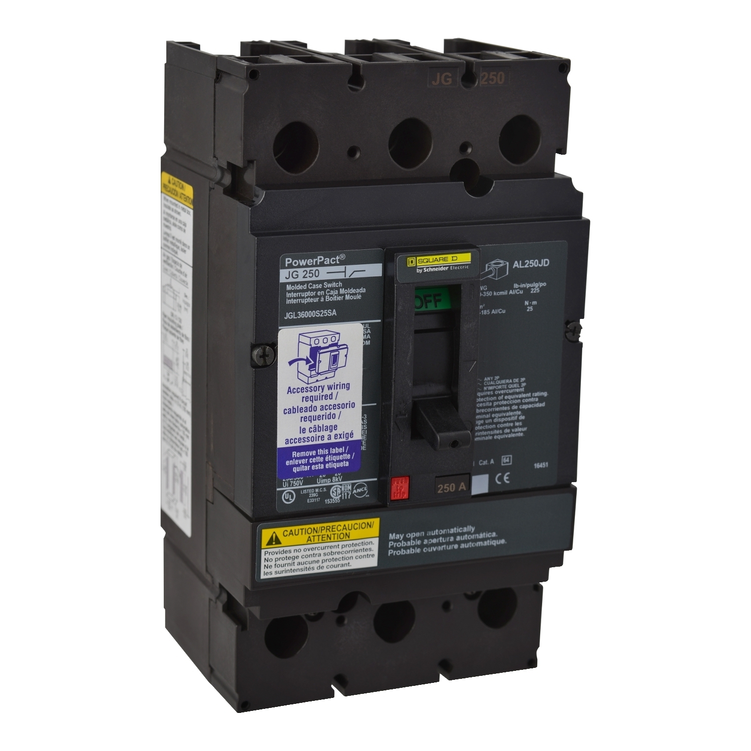 Automatic switch, PowerPacT J, 250A, 3 pole, 600VAC, 18kA, lugs, magnetic, shunt