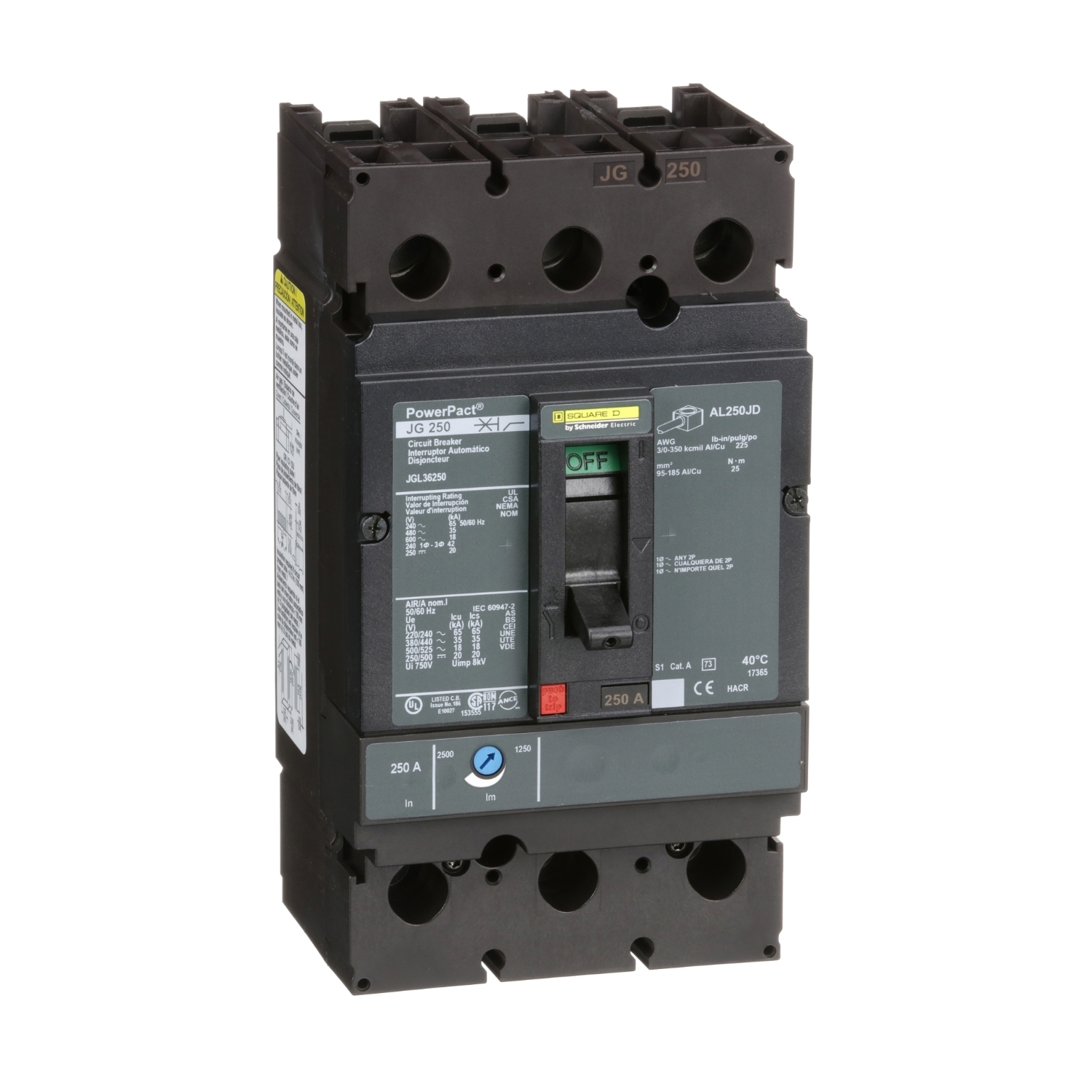 Circuit breaker, PowerPacT J, 250A, 3 pole, 600VAC, 18kA, lugs, thermal magnetic, 80%