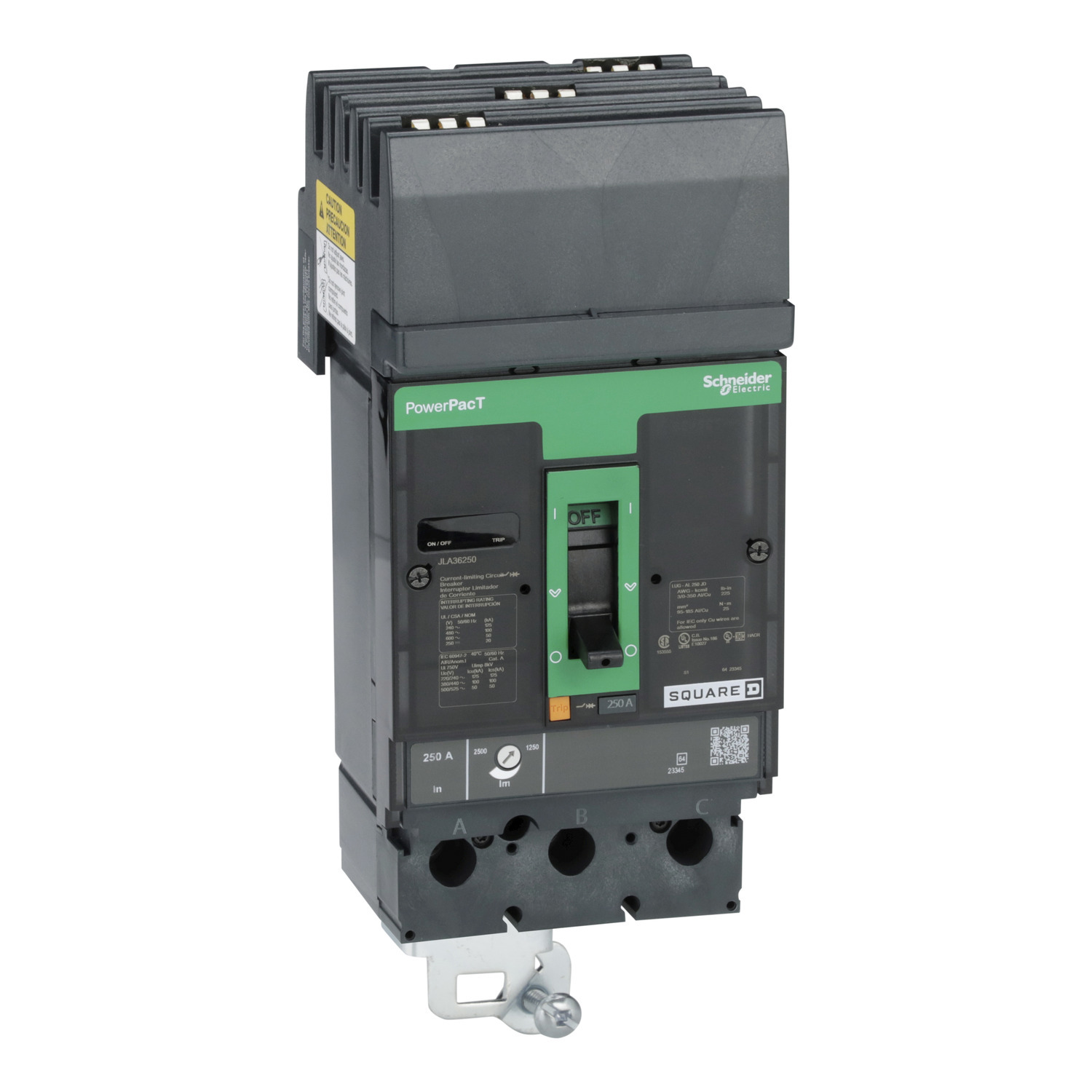 Circuit breaker, PowerPacT J, 250A, 3 pole, 600VAC, 50kA, I-Line, thermal magnetic, 80%, ABC